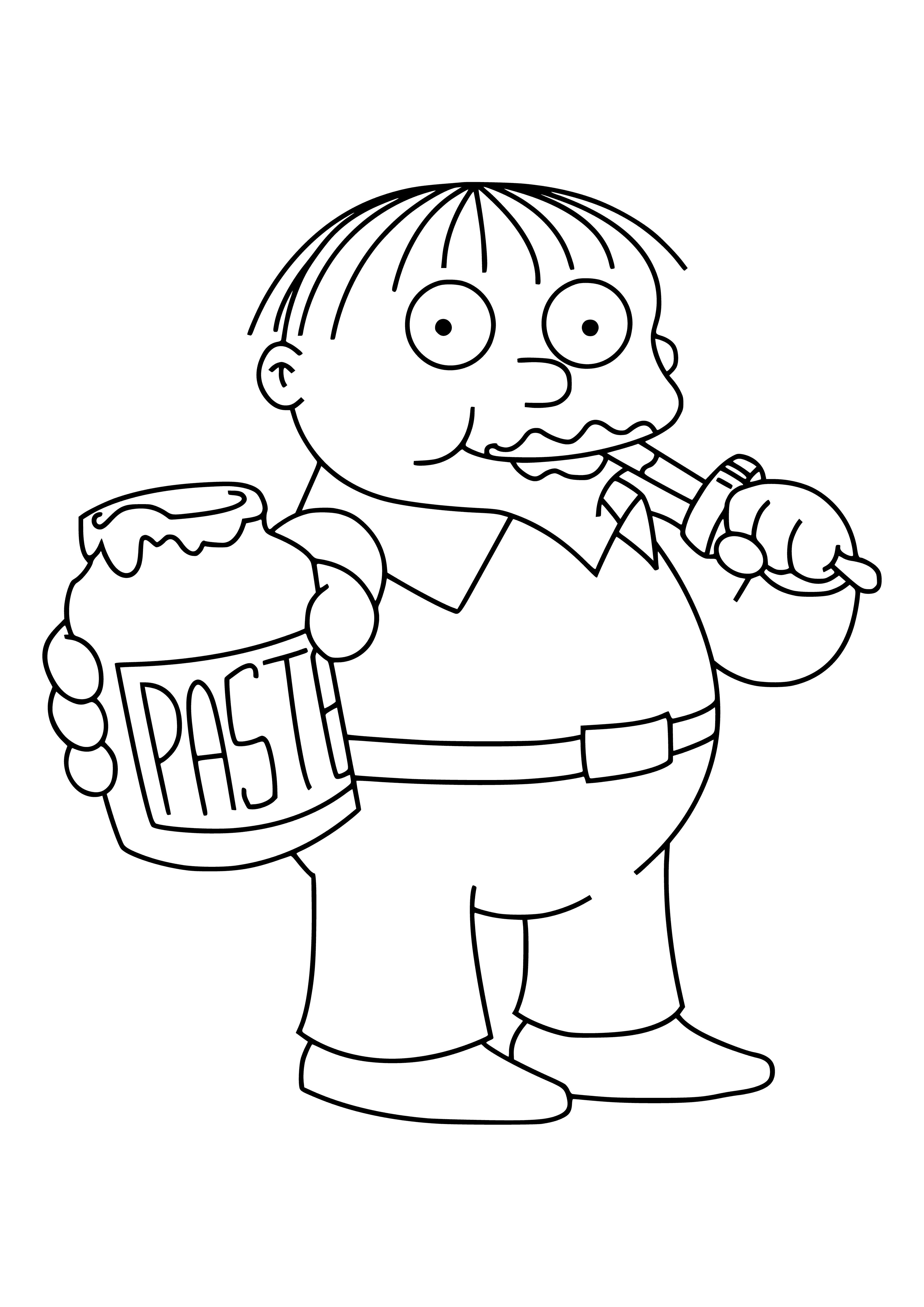 coloring page: A young boy holds a teddy bear in a red shirt, blue pants, and blue tie. His blonde hair and big blue eyes make him look adorable.