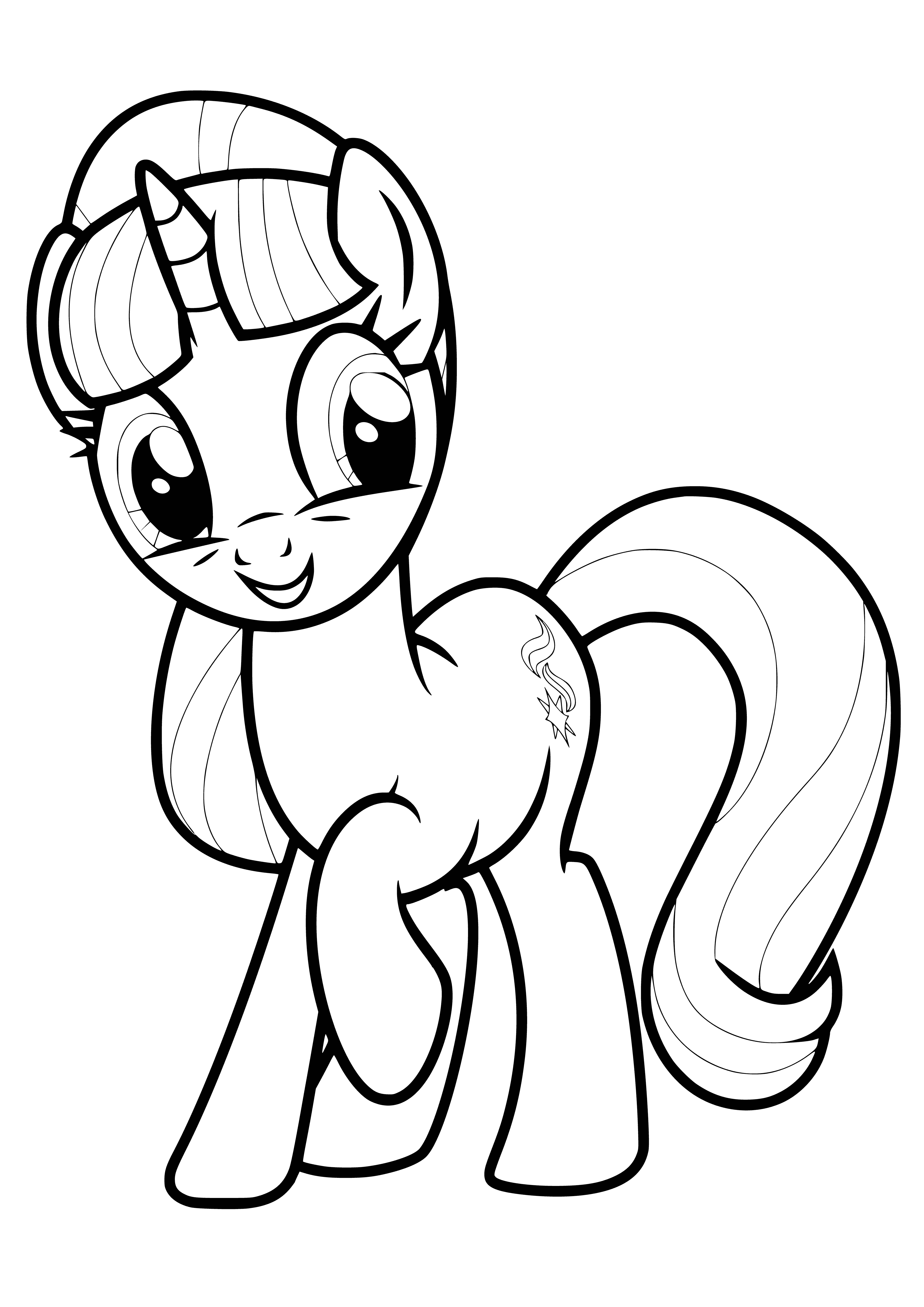 coloring page: Purple pony with star-shaped cutie mark stands in front of a glowing star. #PonyColoringPage