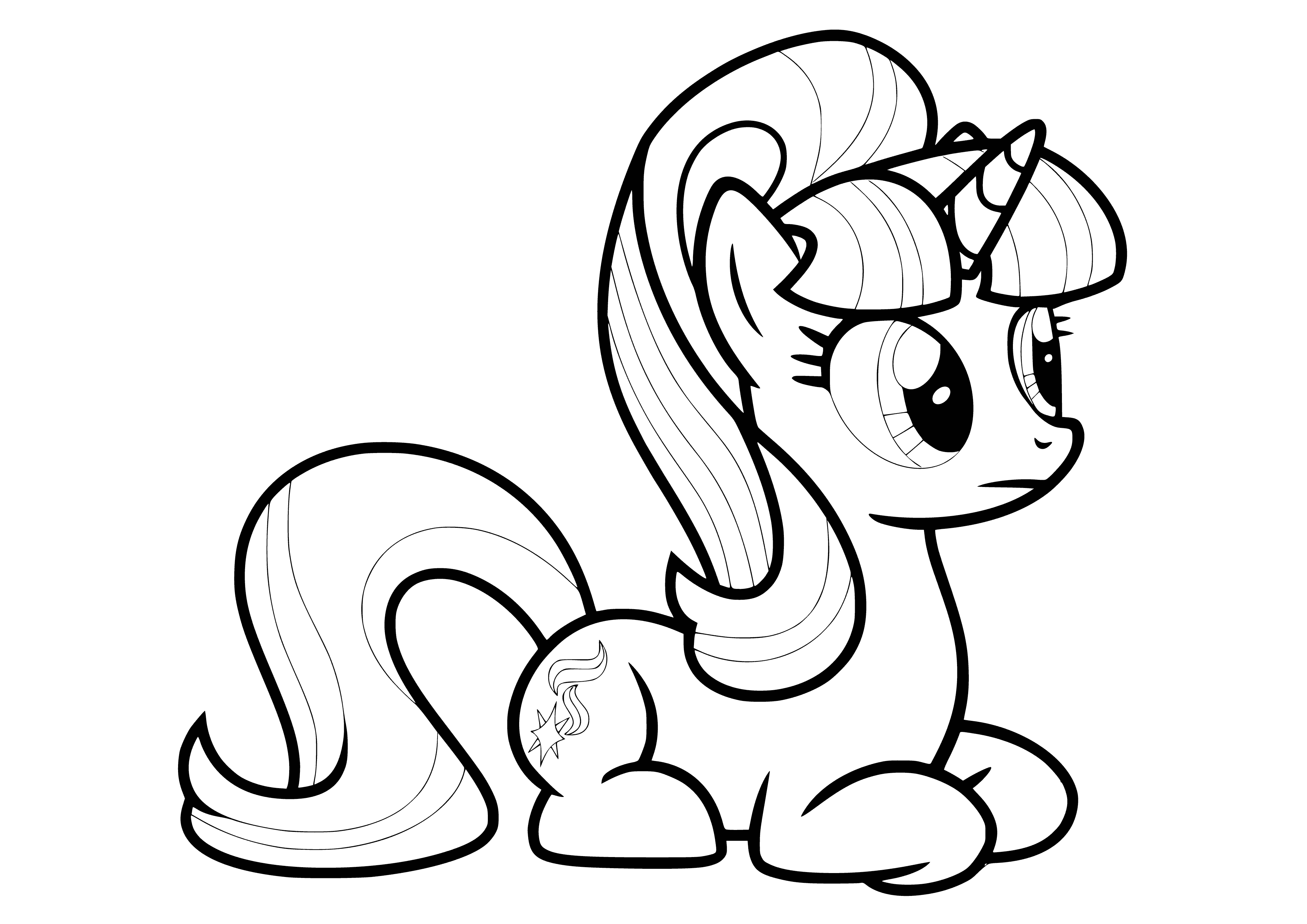 coloring page: A magical purple pony stands with friends on a hill as the sun sets behind them, her cutie mark a swirl star.
