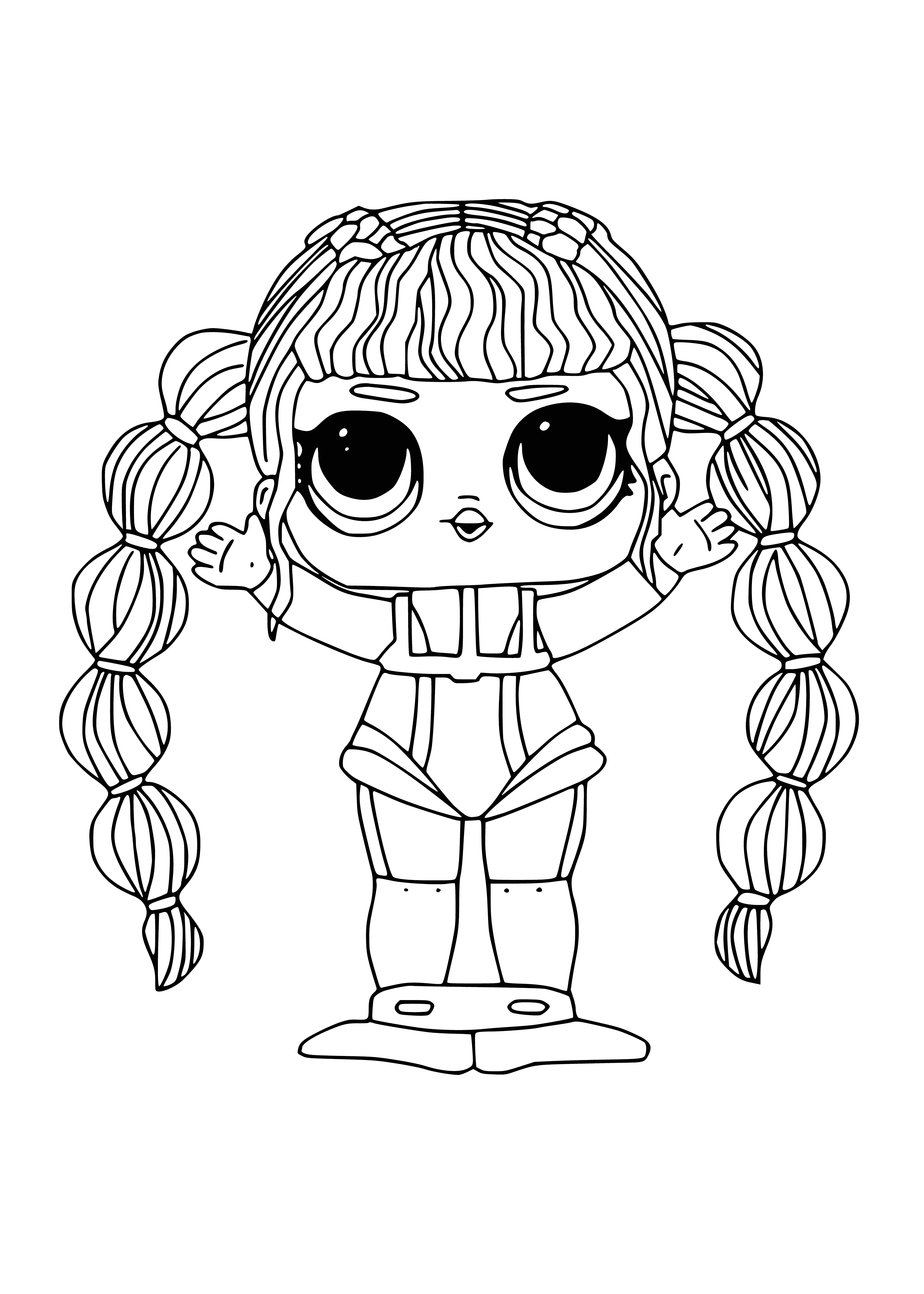 coloring page: Young woman in scuba gear emerges from water with red LOL doll, smiling and happy. Long blonde hair, white tank top and blue shorts.