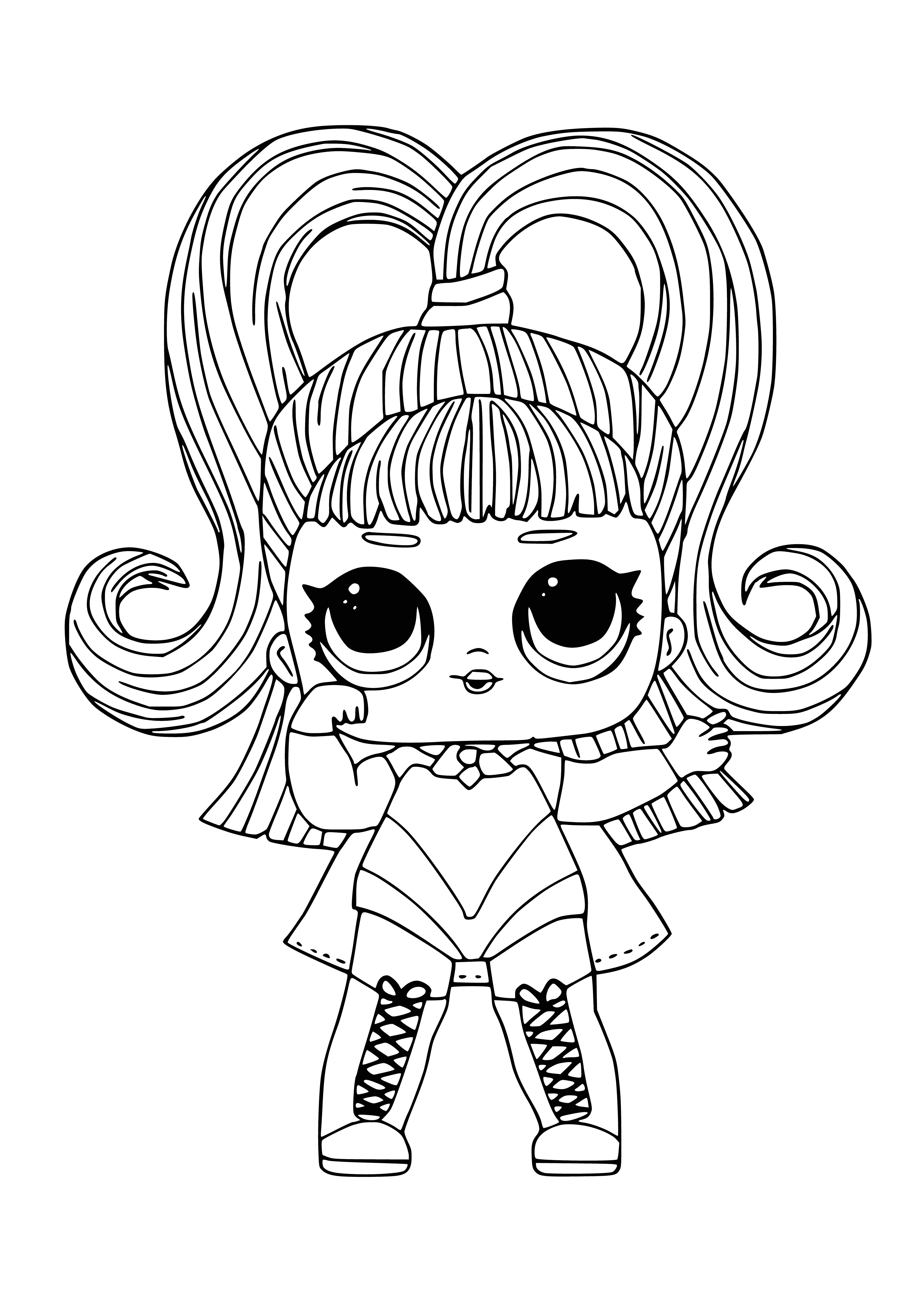 coloring page: Girl in pink with curly hair & blue ball; bow in hair; shirt reads "LOL".