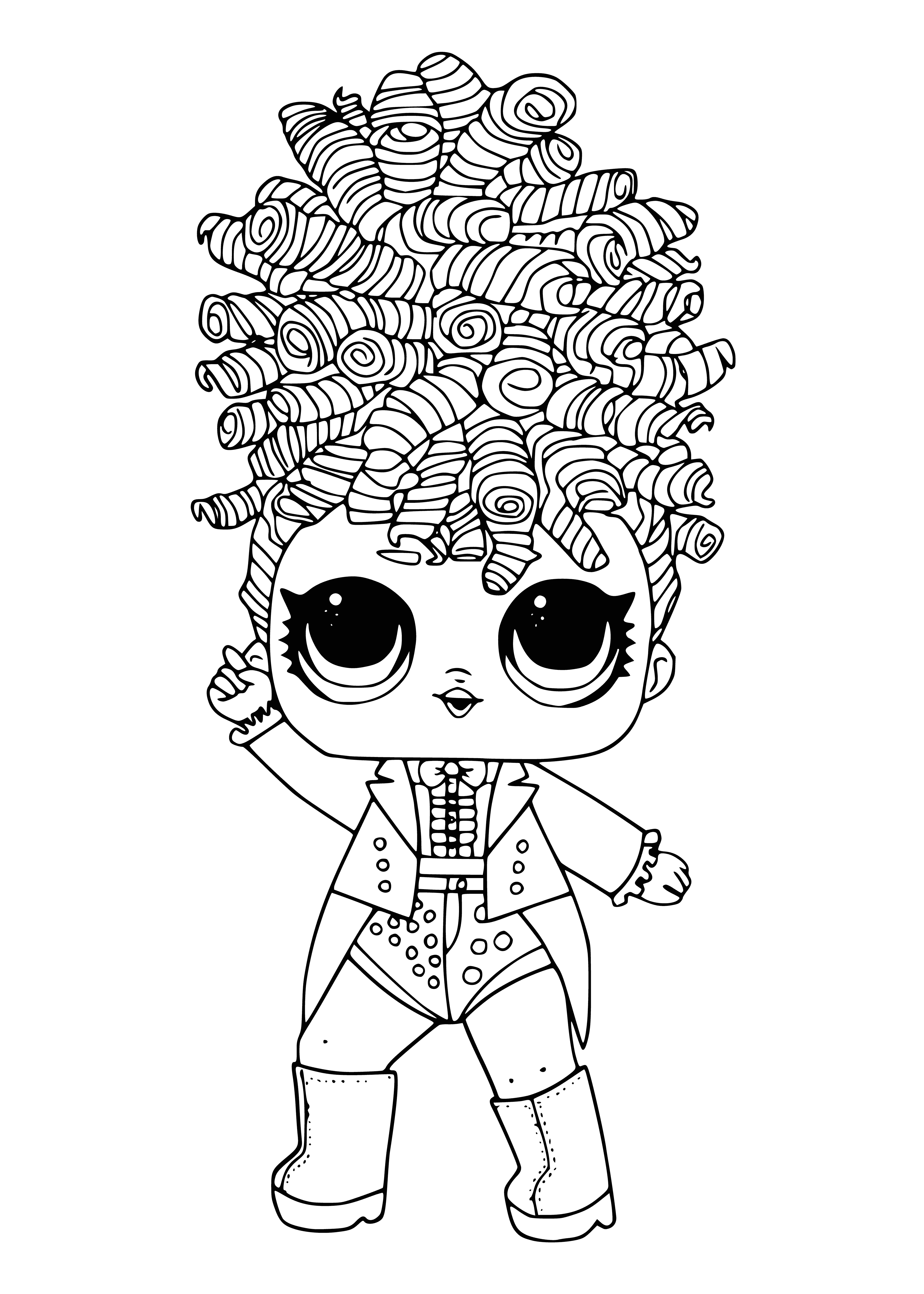 coloring page: Cheerful Black girl has long curly hair, bow-adorned headband, hoop earrings, striped shirt & black & white shoes. #BlackGirlMagic