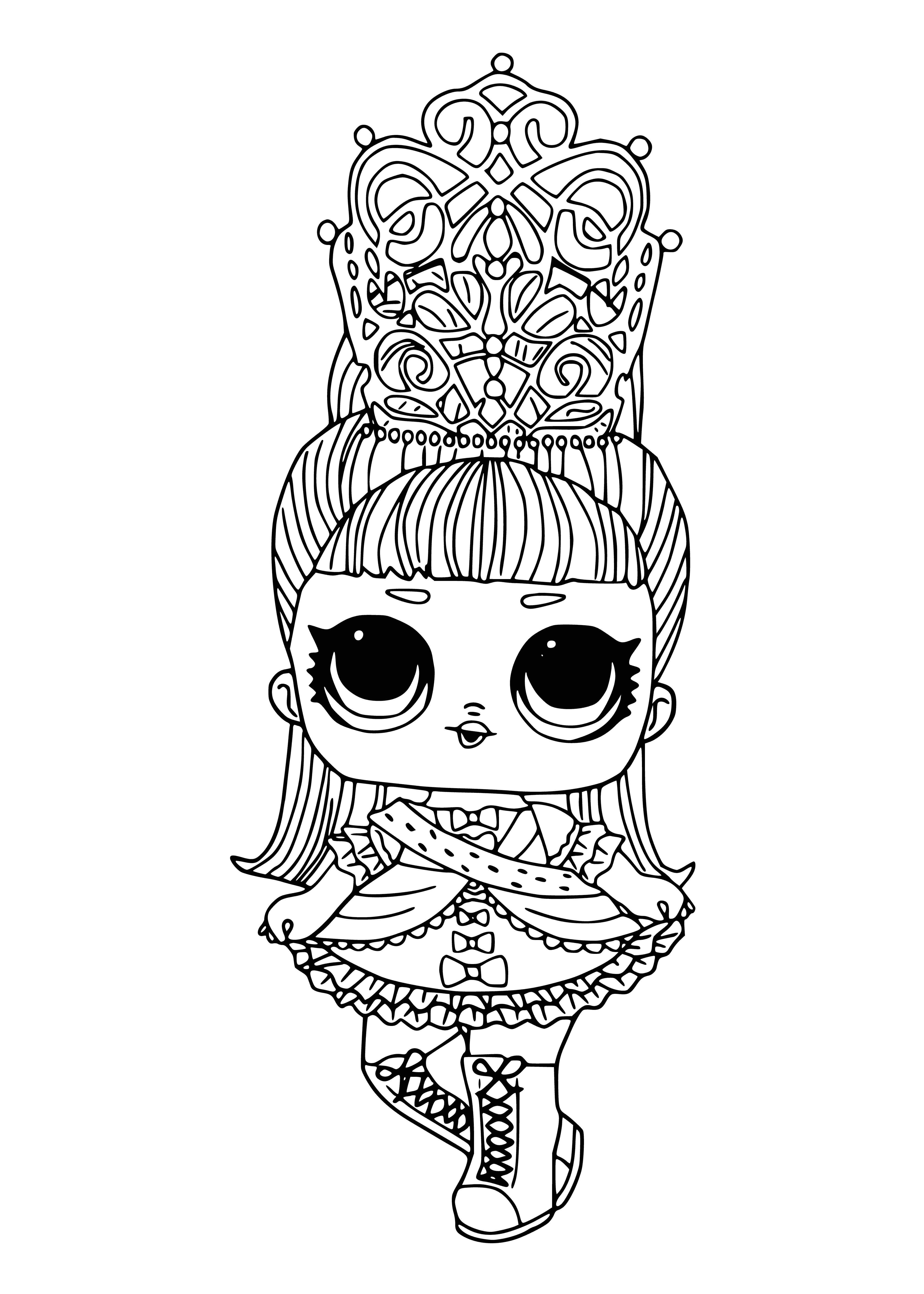 coloring page: Young woman stands proudly in pink & gold dress, gold crown, holding a pink purse, smiling w/ eyes closed. Ready to take on the world!