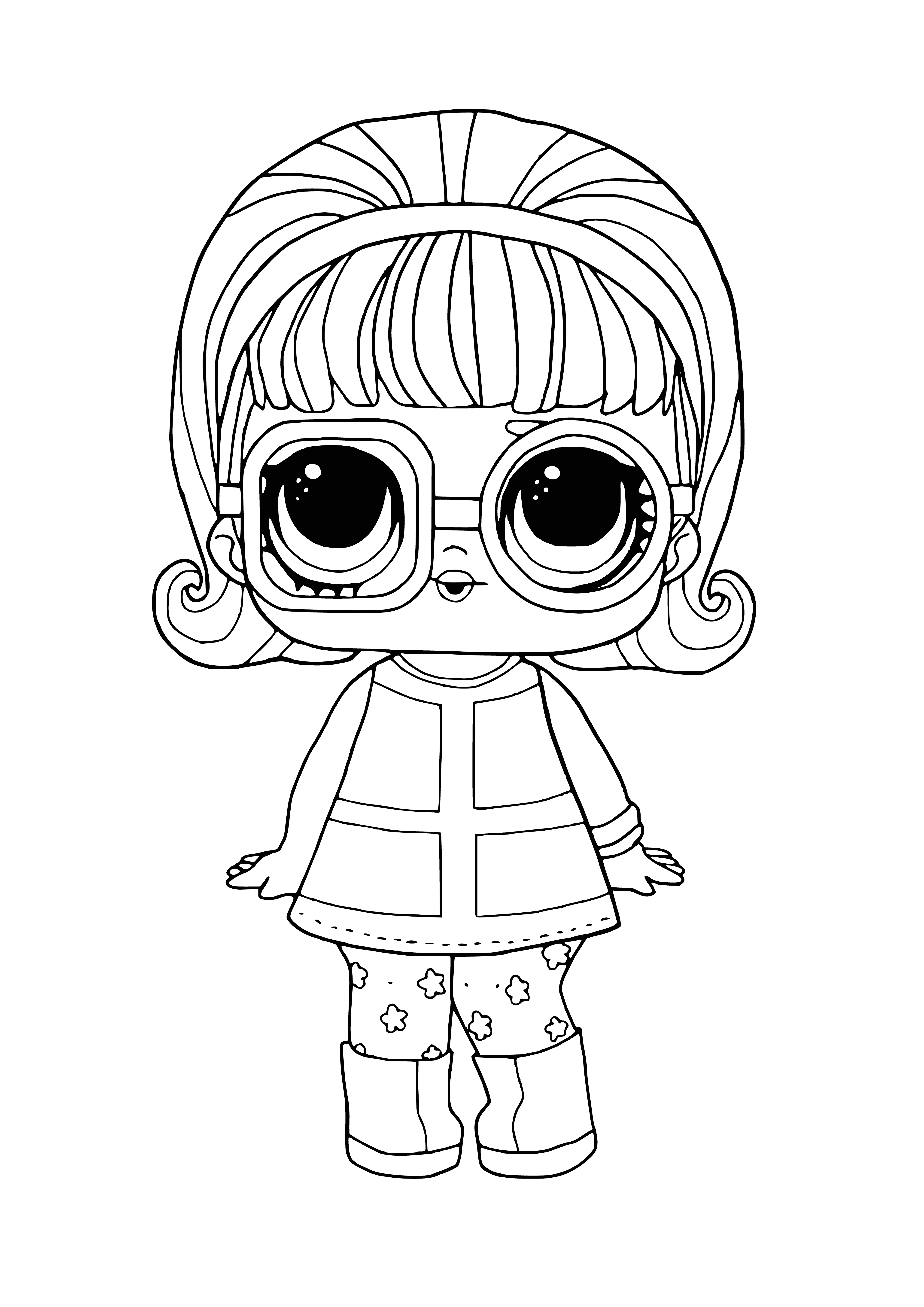coloring page: Girl with blue eyes & blue clothes holds mic & record, brightening up blue backdrop with stars. #music #performance