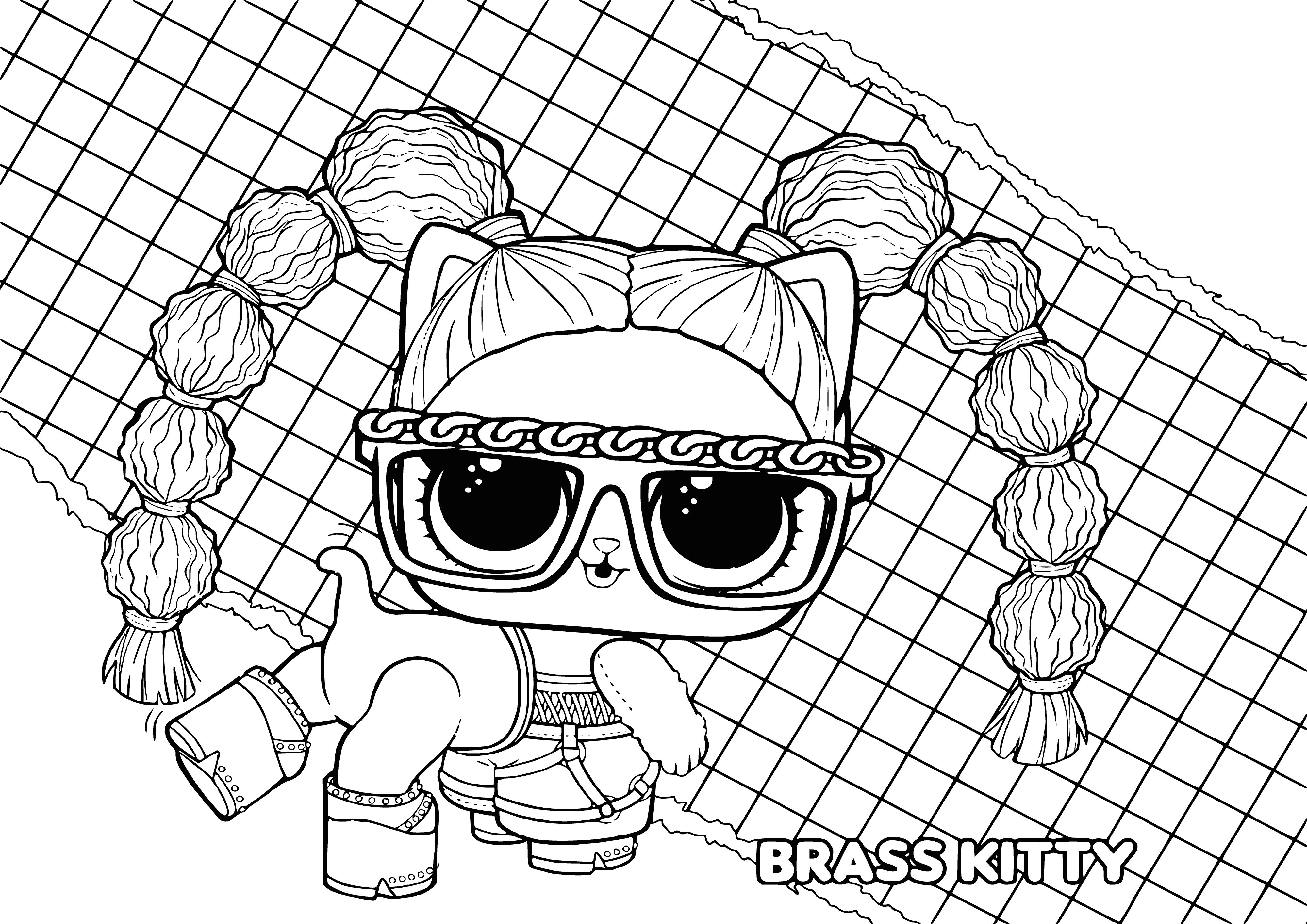 coloring page: A brass toy cat stands on hind legs with open mouth, wide eyes, and raised paws. Mouth reveals sharp teeth, whiskers standing on end.