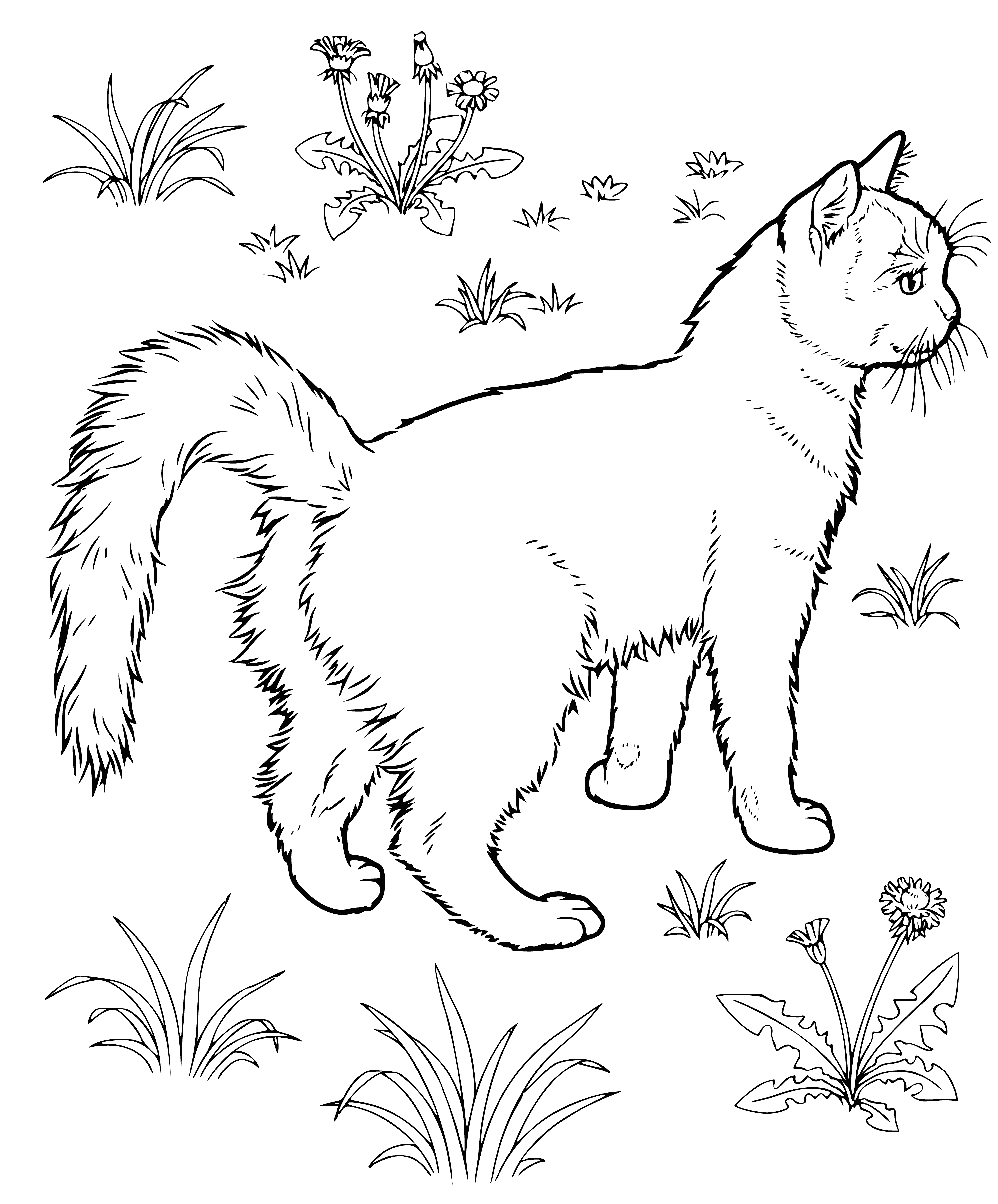 coloring page: A black & white cat is curled up on a gray couch, its eyes closed and head resting on its paws.