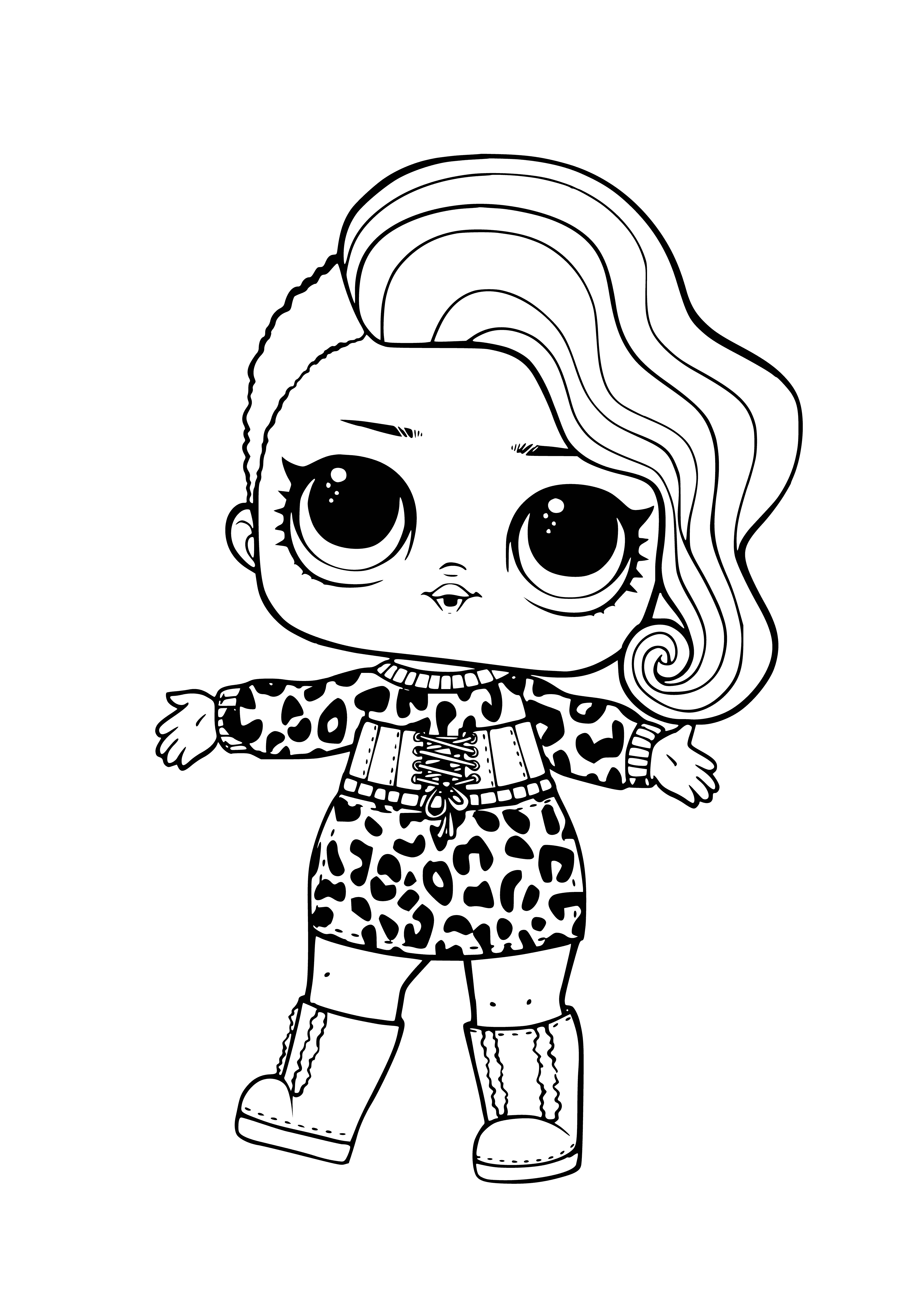coloring page: Leopard with white fur & black spots calmly stares into camera, lying still on the ground with its long tail curling around it.