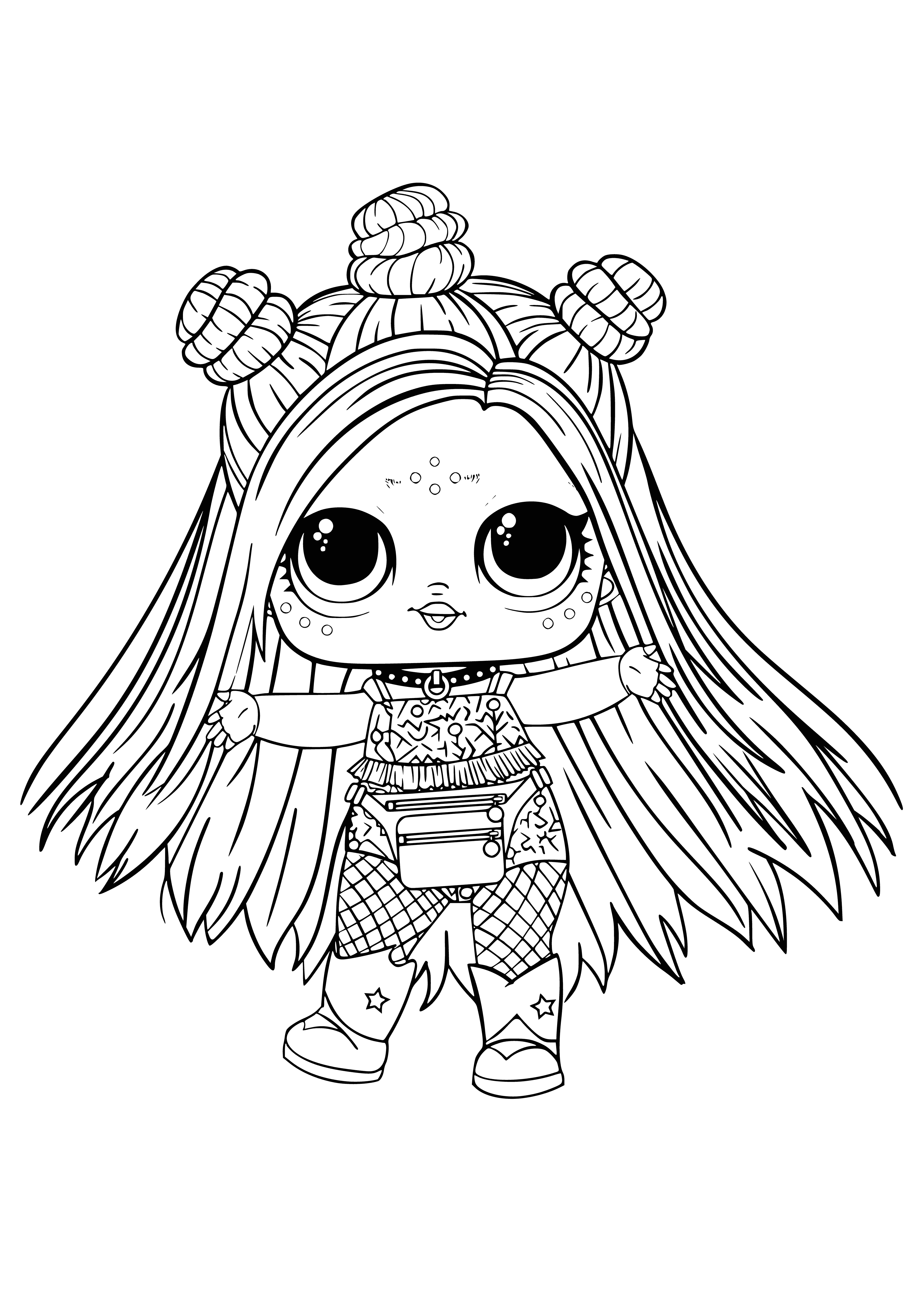 coloring page: LOL doll sits among kandi necklaces, pacifiers and EDM festival gear, hands in air eyes closed.