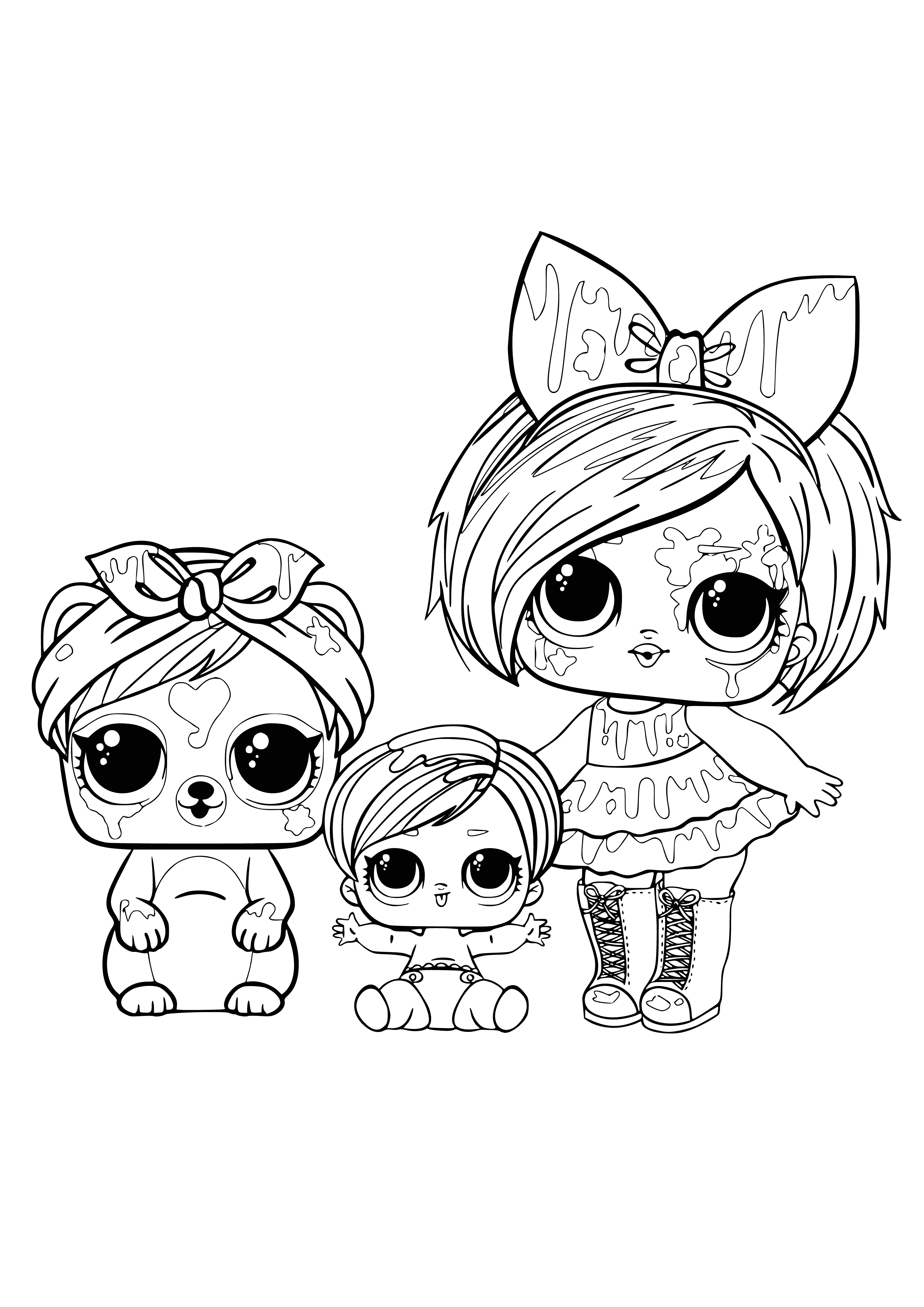 coloring page: A LOL Spray bottle featuring a laughing baby and curious pet.
