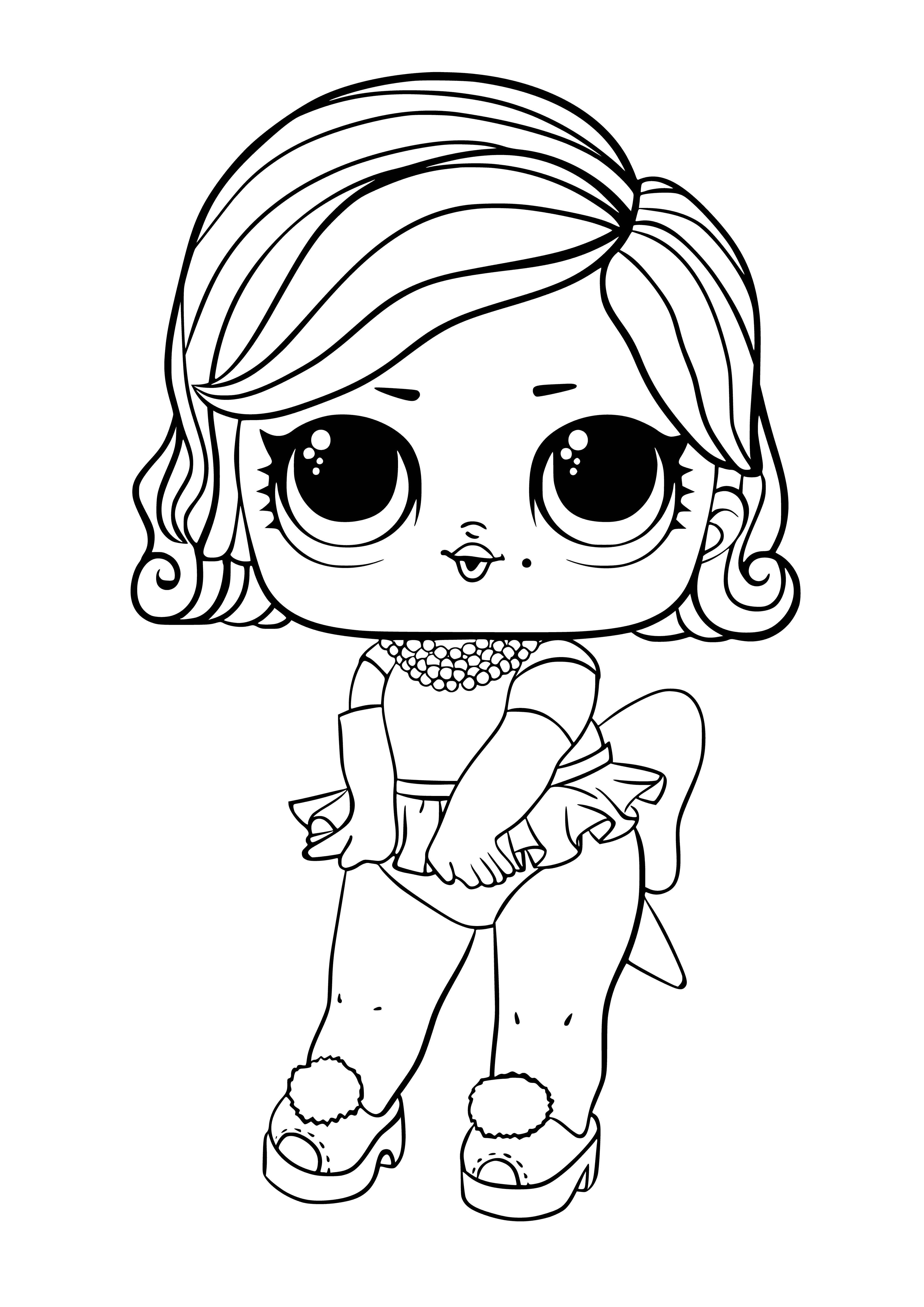 coloring page: Woman in white dress with billowing skirt & high heels stands coyly, hands on hips. Glamorous cityscape in the background.