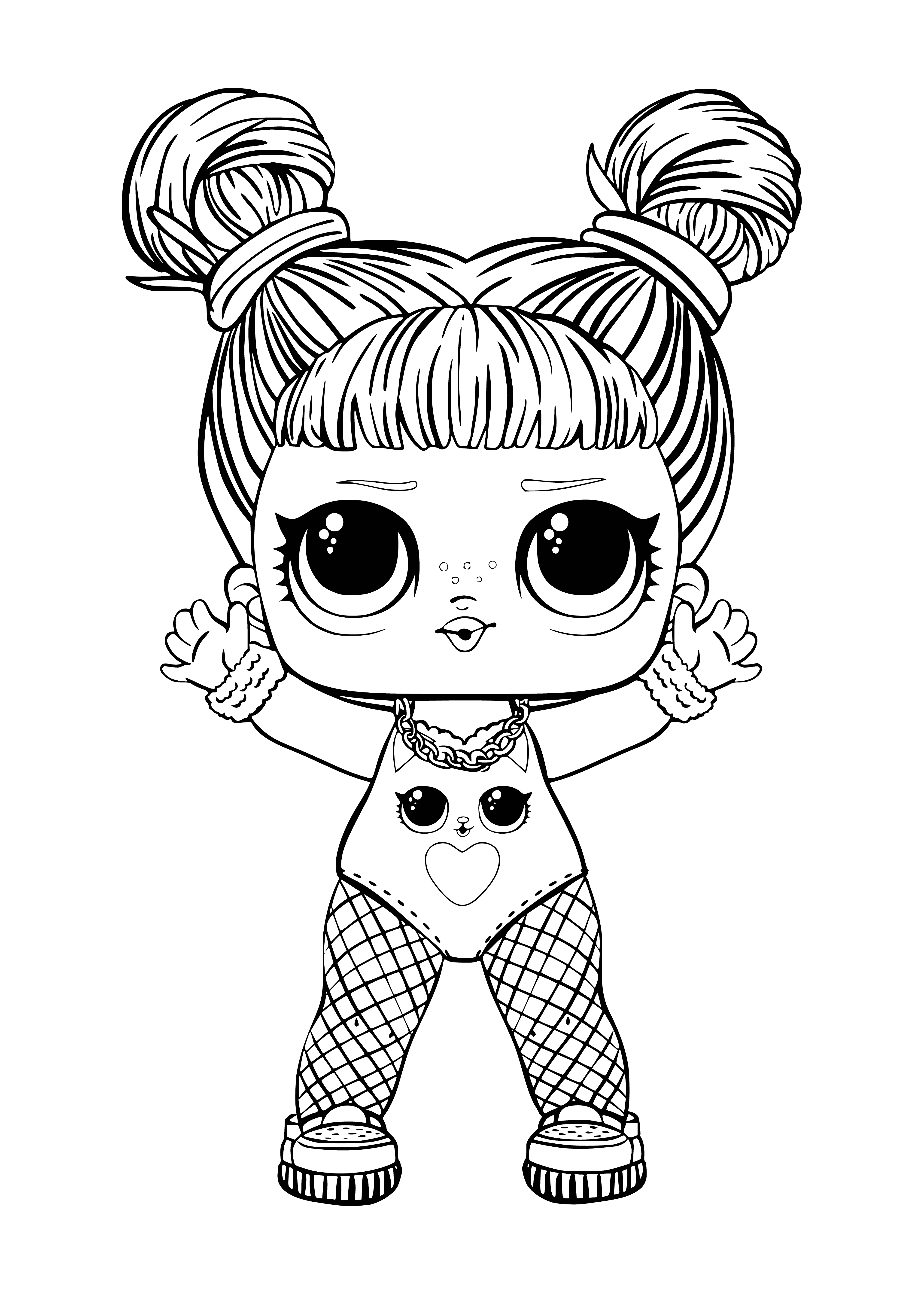 coloring page: Girl with long brown hair wearing black & white outfit poses in front of white background. #selfcare #girlpower