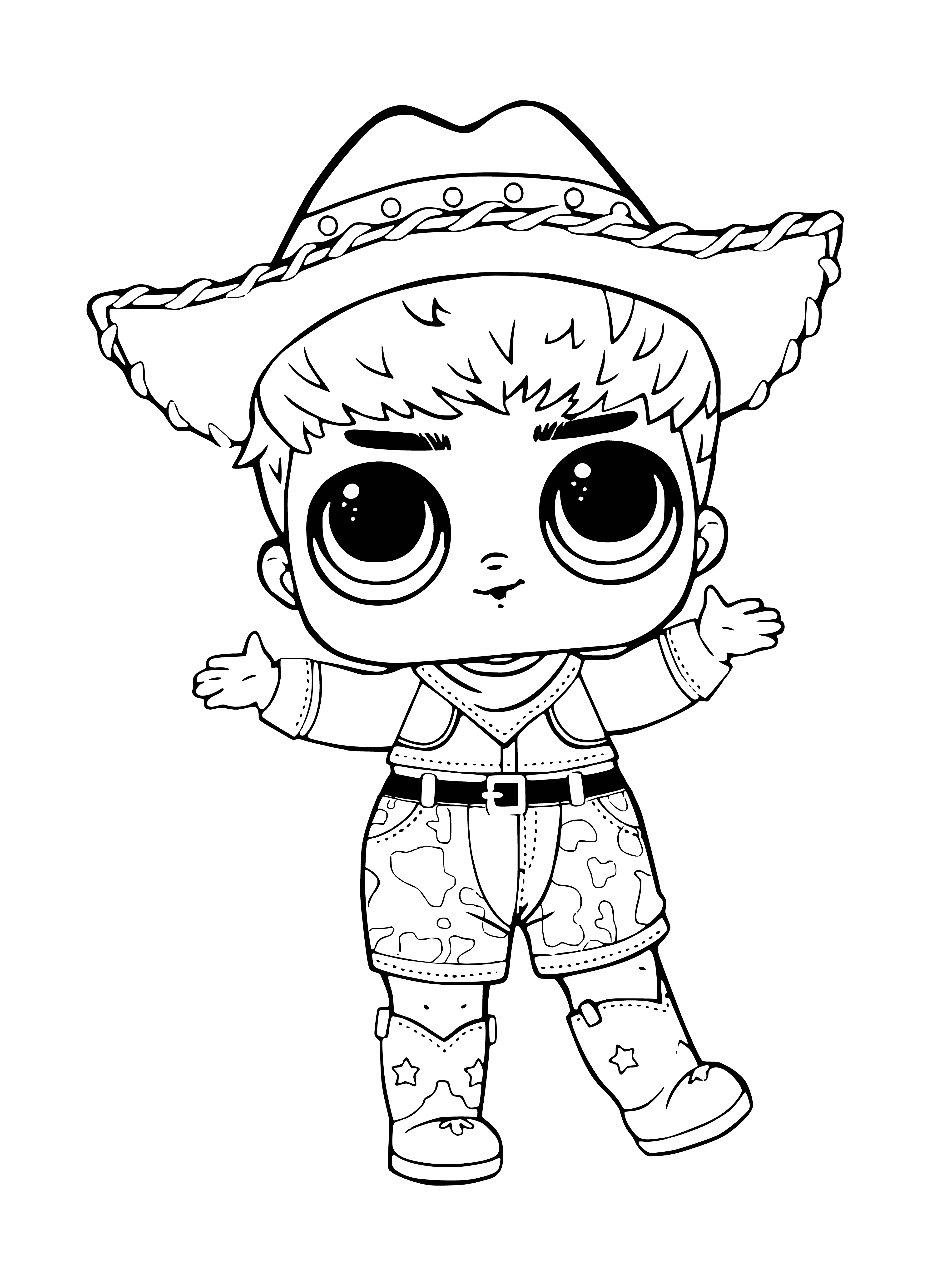coloring page: Cowboy standin' with feet apart, his arms in the air, mustache, ten-gallon hat, and "LOL DO-SI-DUDE" above him.