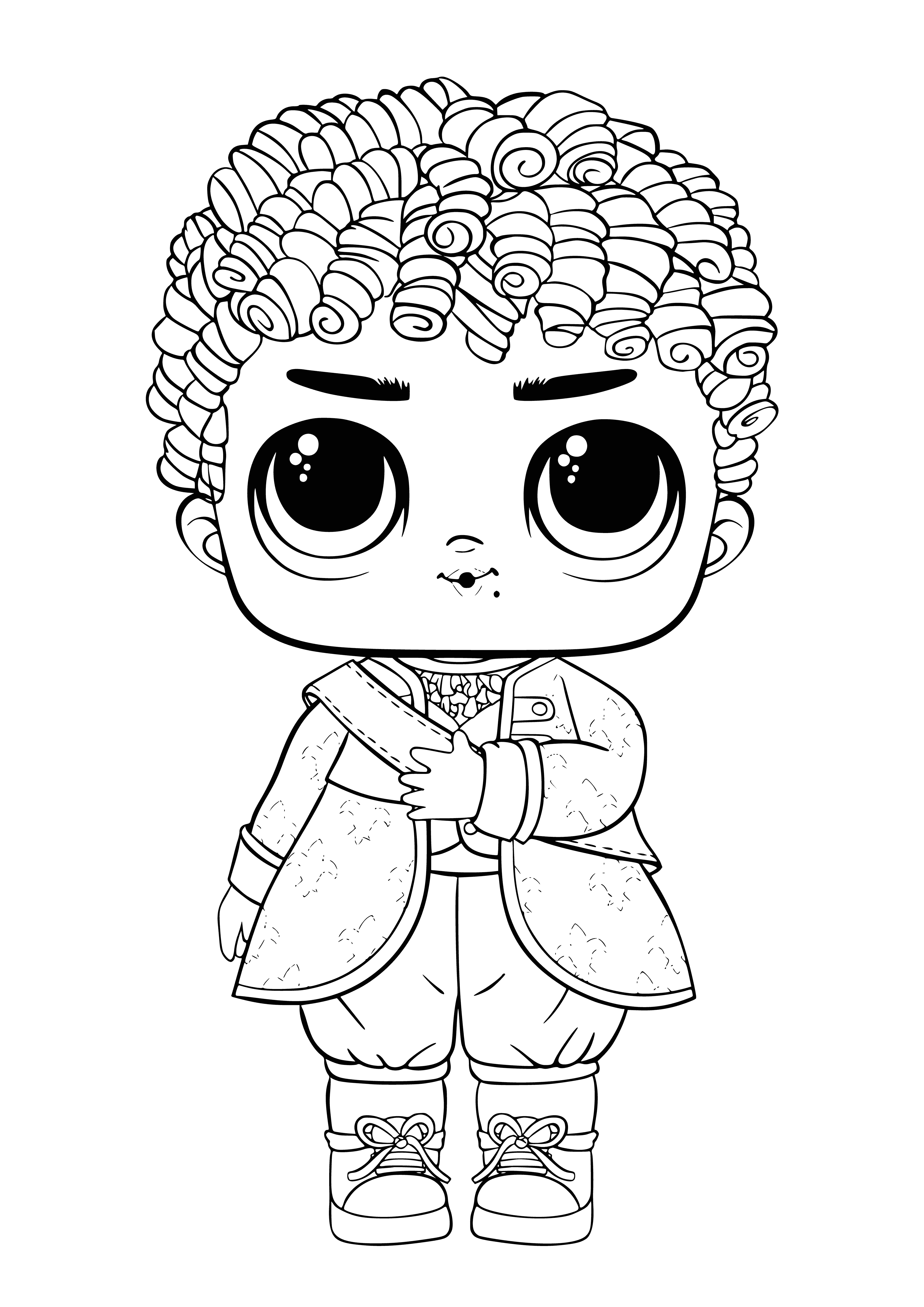 coloring page: LOL Boy His Royal High Ney stands atop a mountain of L.O.Ls, cape billowing in the wind, an adored king with subjects devoted to him.