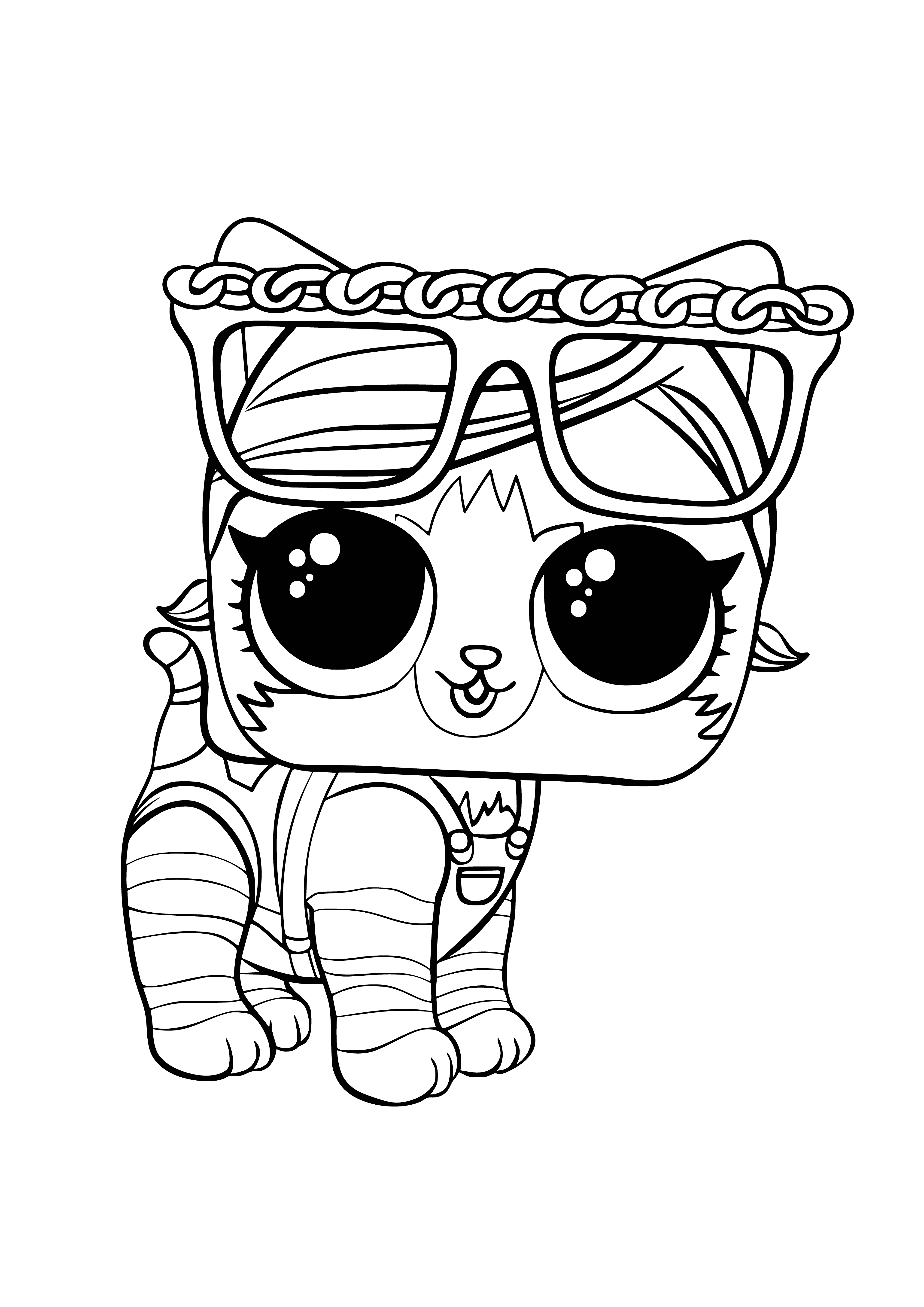 coloring page: Small, blue-eyed kitten with big ears, pink nose & purple collar w/ bell sits on white surface.