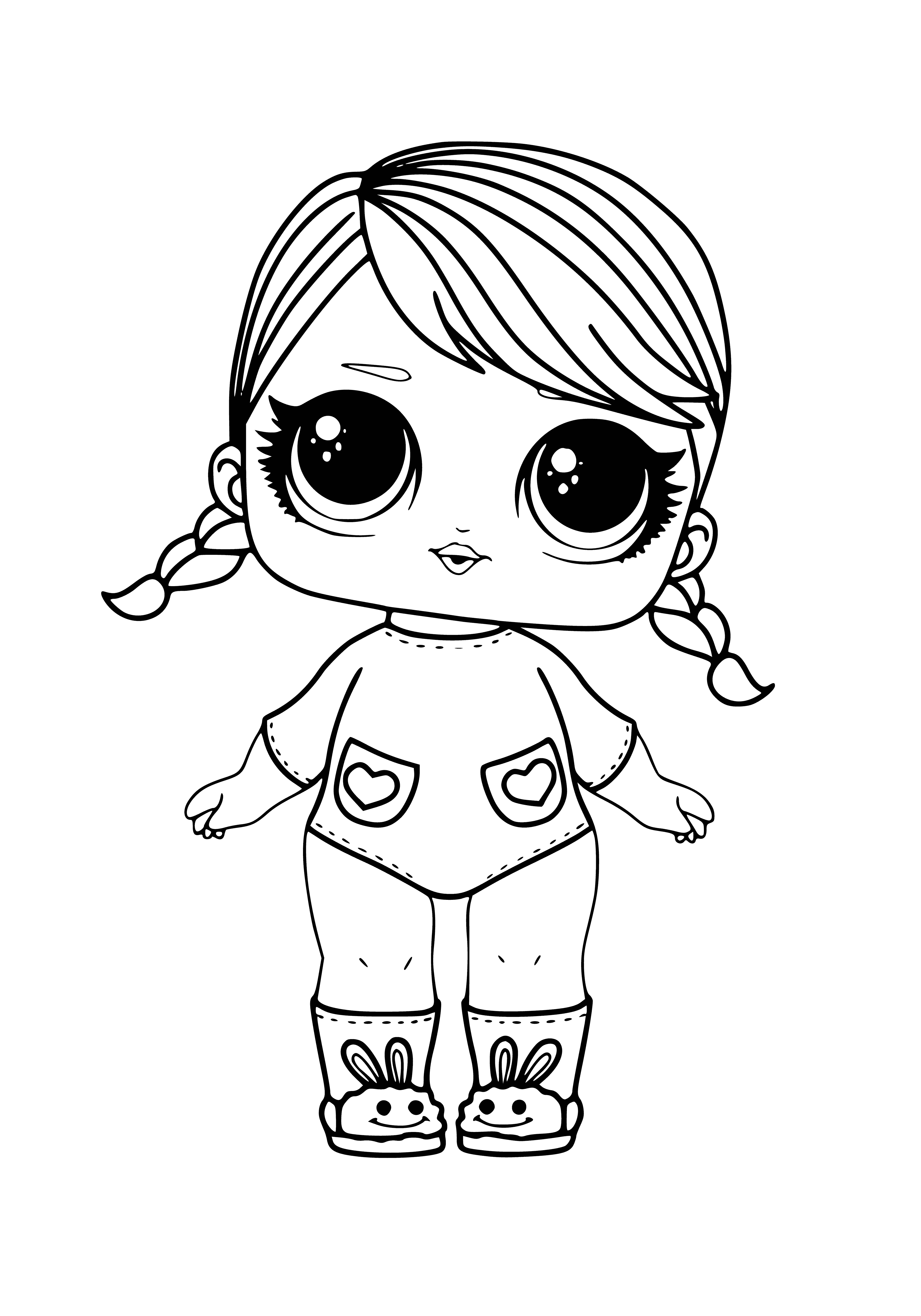 coloring page: Two freckled girls wearing pink & blue dresses holding hands + a yellow minion holding a "LOL" sign = LOL Cutie.