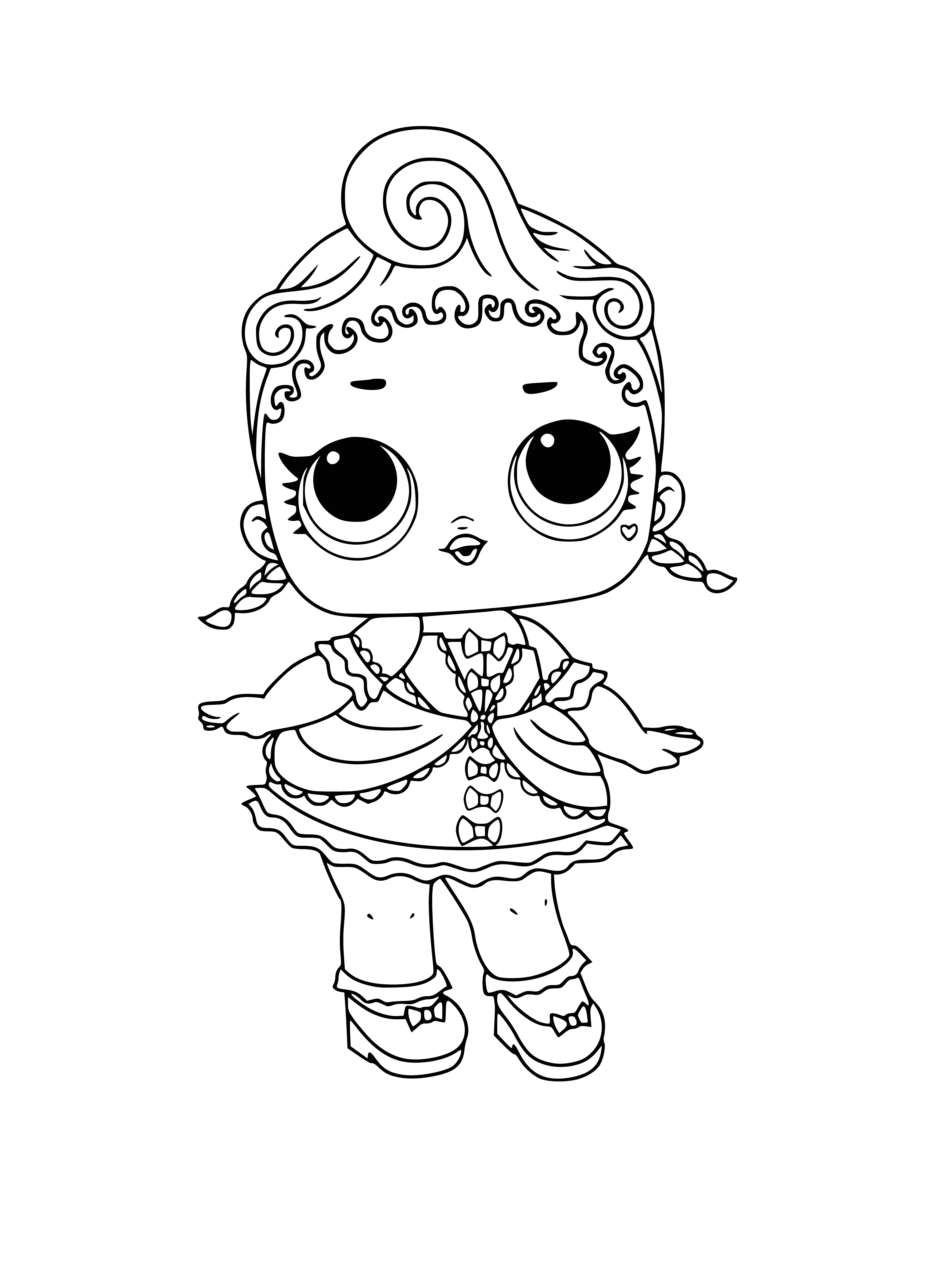 coloring page: L.O.L. Series 1 Doll Royal High-Ney is a blonde doll wearing a purple tiara, white shoes, and a purple & white dress with a tulle skirt.