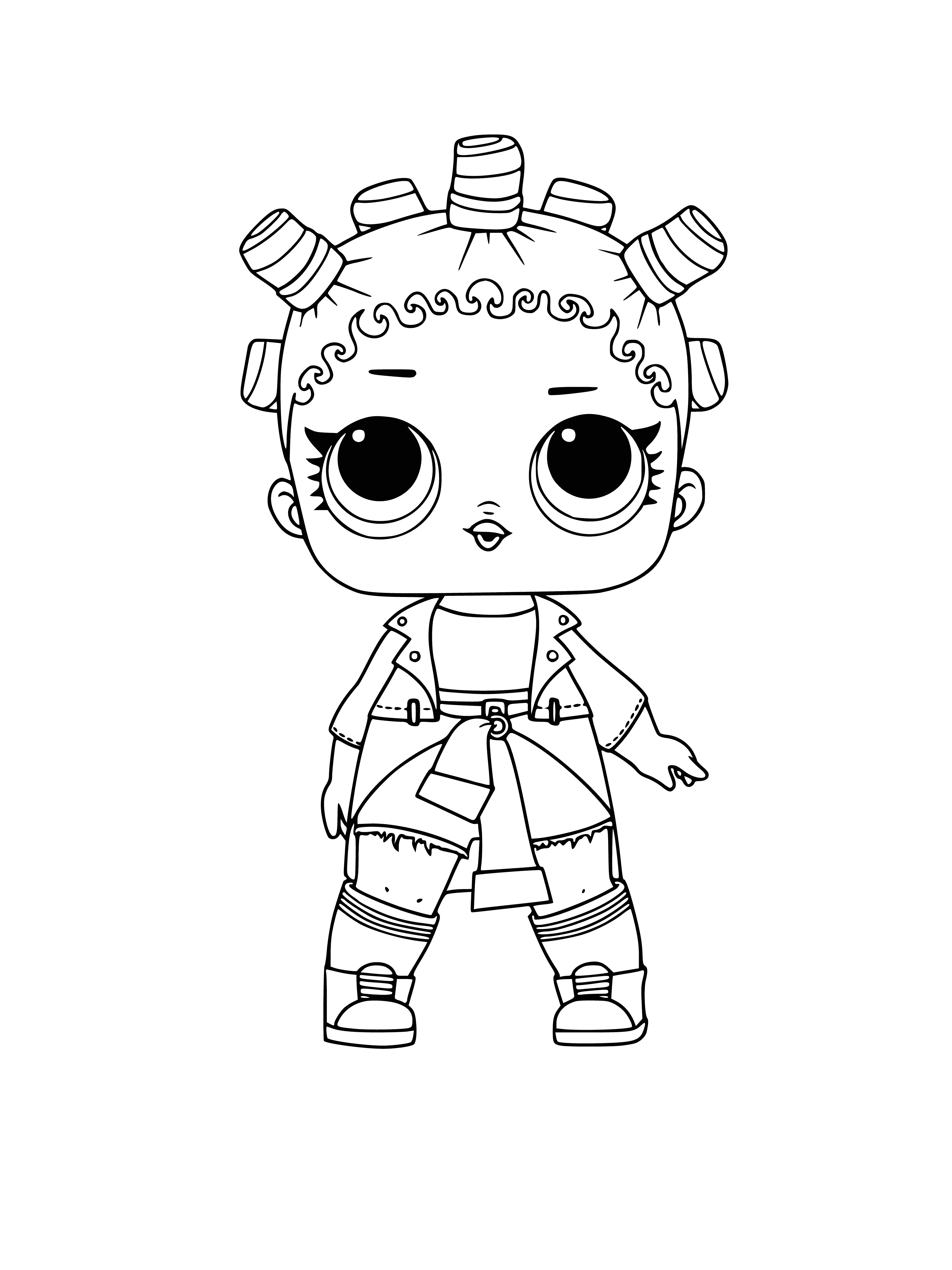 coloring page: 4 L.O.L. dolls of different colors and hairstyles standing on a white surface, each wearing matching outfit/shoes/socks.