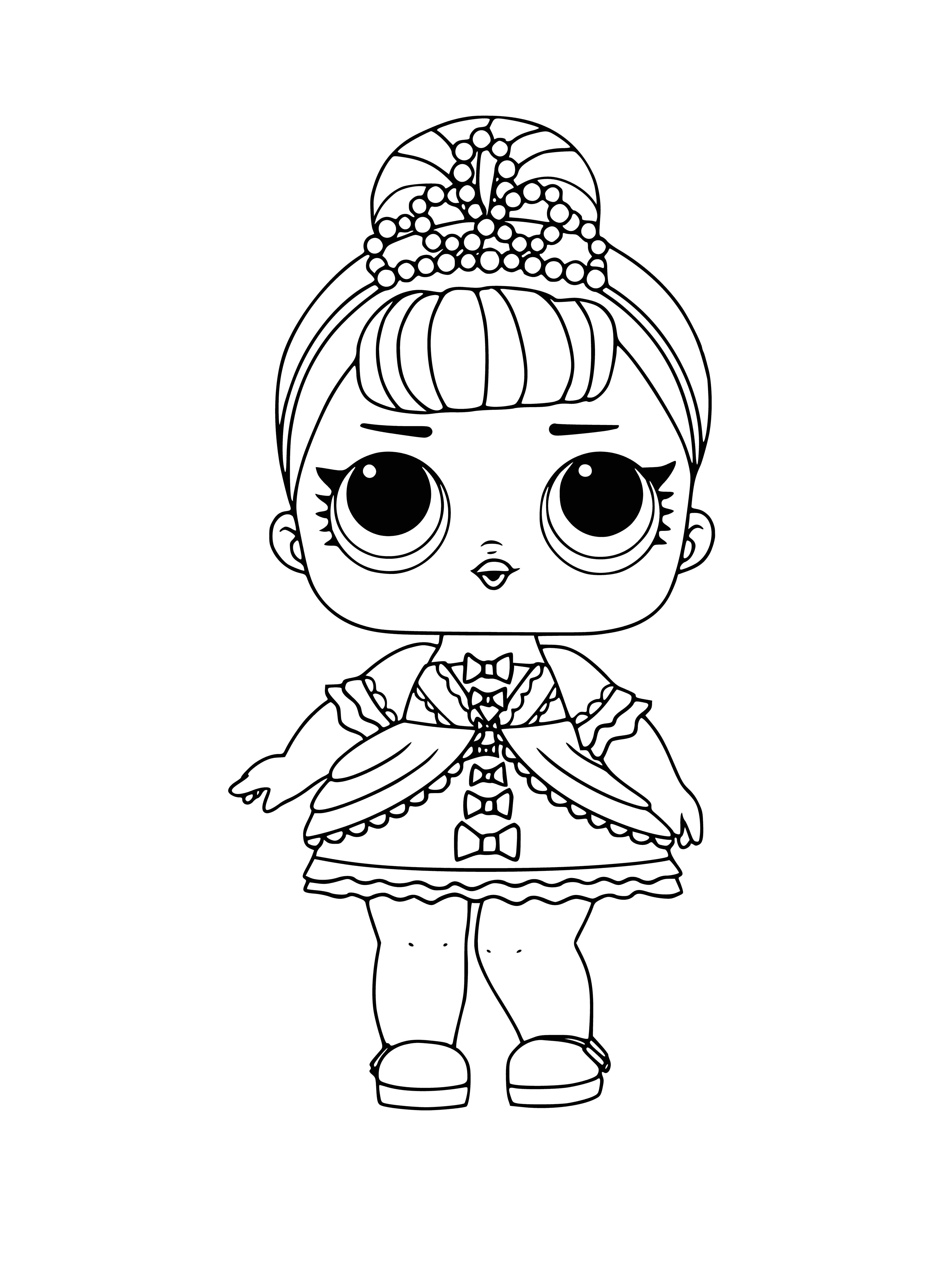 coloring page: Pretty doll in blue & white dress holds white purse & has blonde hair & blue eyes.