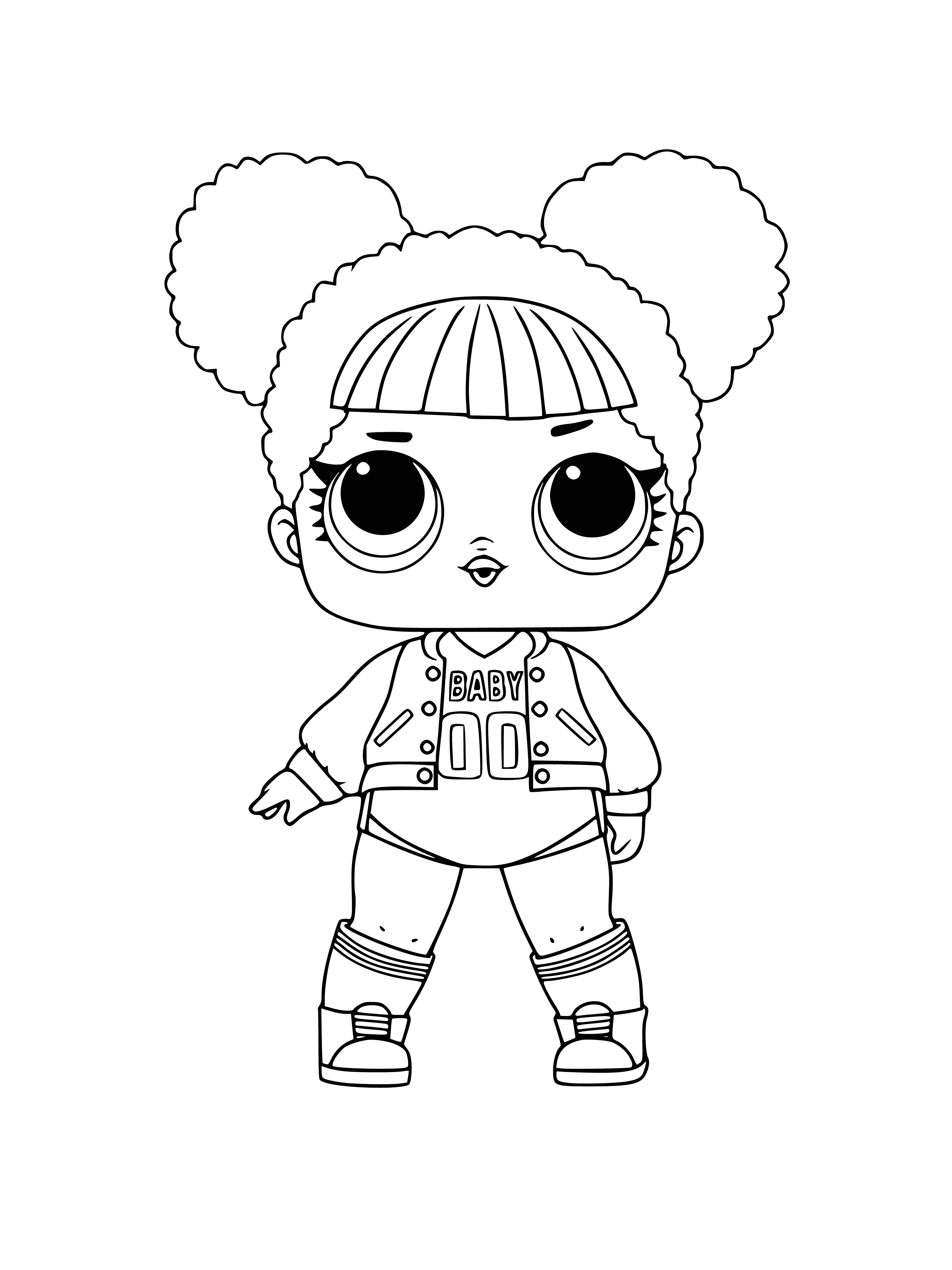 coloring page: Girl basketball player dribbling ball, wearing white "L.O.L." top, looking at hoop with determination.