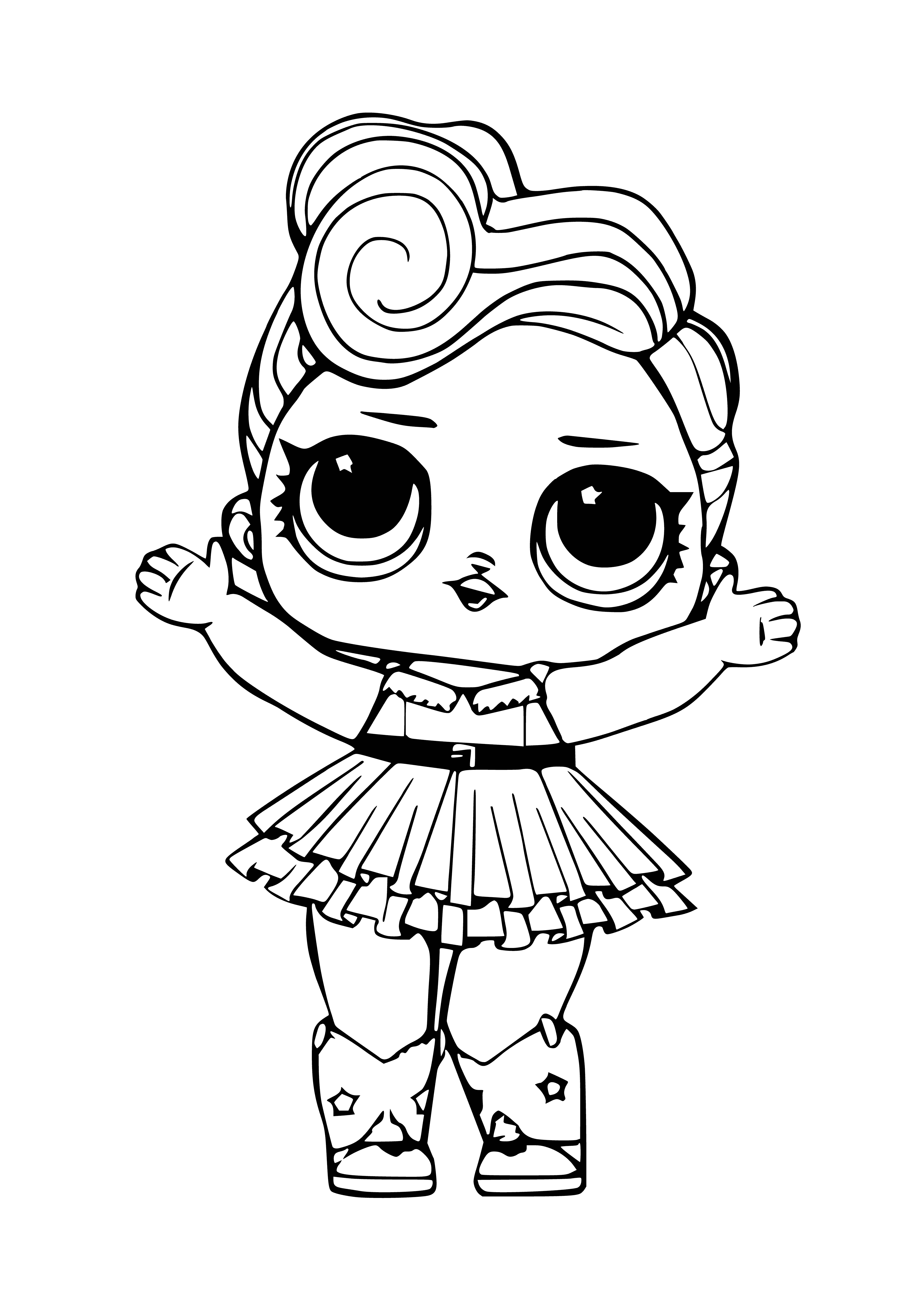 coloring page: L.O.L Surprise! Lady Gold in her strapless gold dress with gold flower background, holding a gold purse. #LOLLuxeSeries2