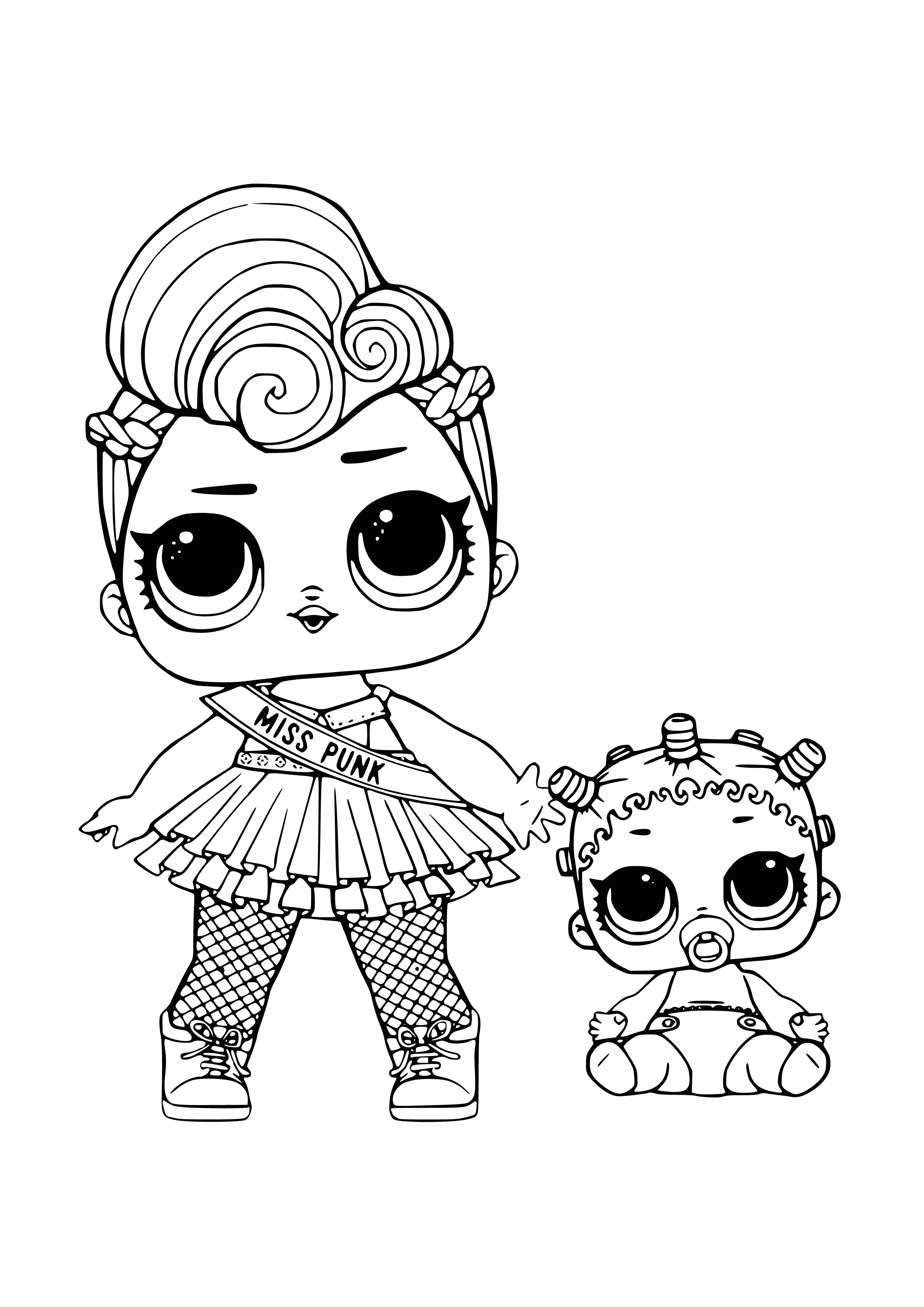 coloring page: Girl with blue hair in purple shirt and black leggings holding a baby doll.