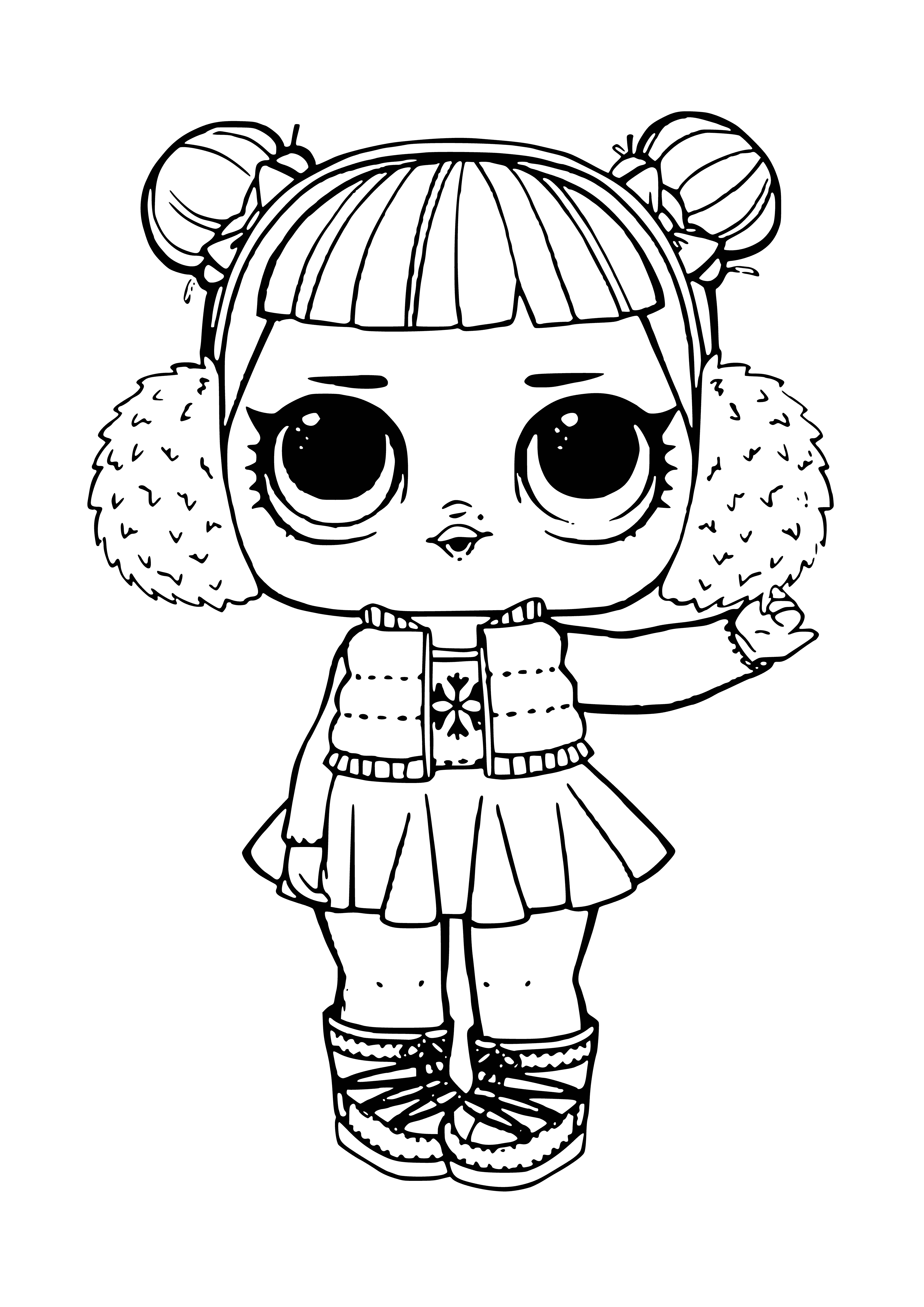 coloring page: Girl figurine with light blue dress & furry collar stands in center of snowy coloring page; small coloring pages of other LOL Snow Angels & diagram for assembly surround her.