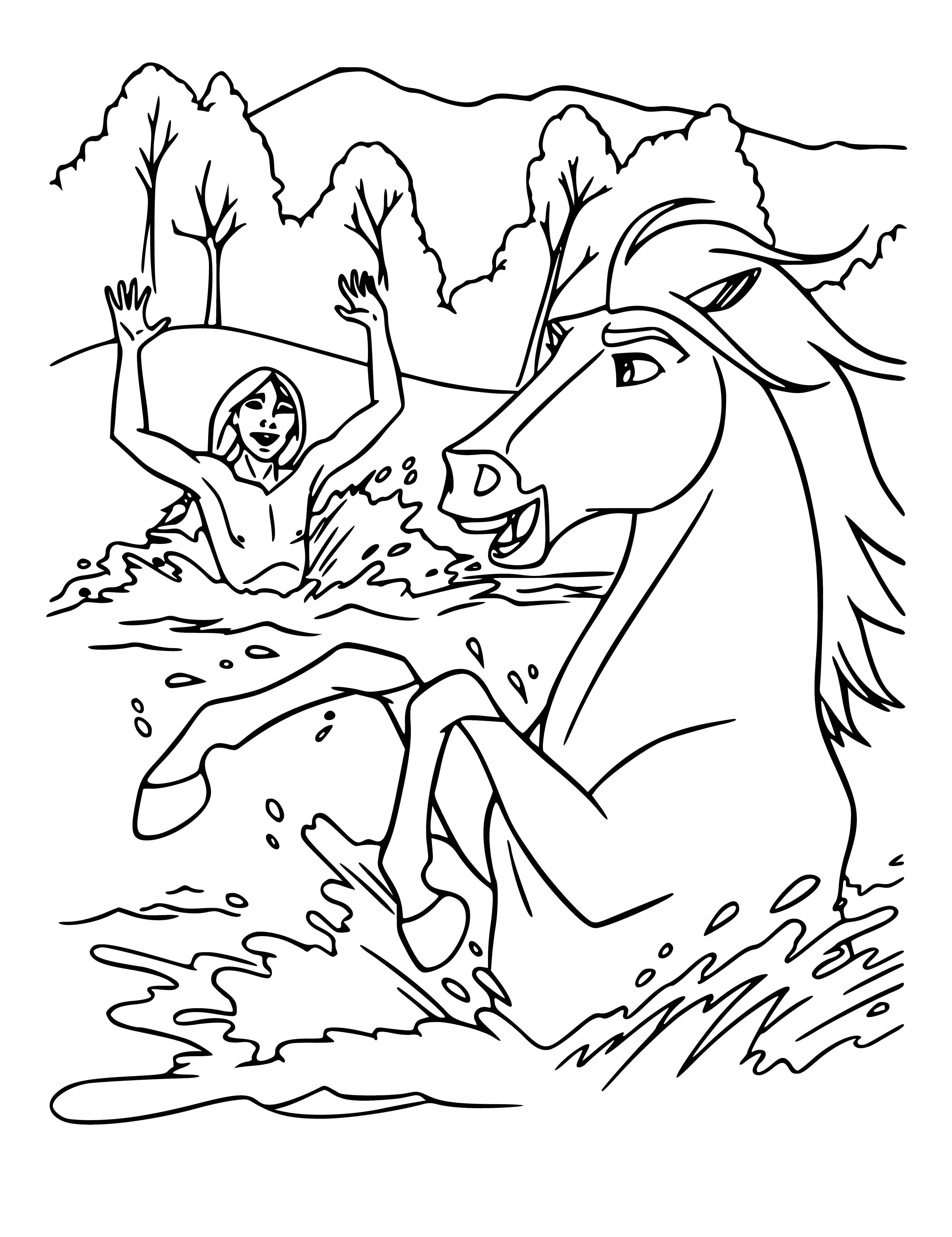 coloring page: A majestic horse is shown basking in the river’s beauty; the animal’s power is illuminated in the glistening water, and it appears relaxed and content in its peaceful surrounding.