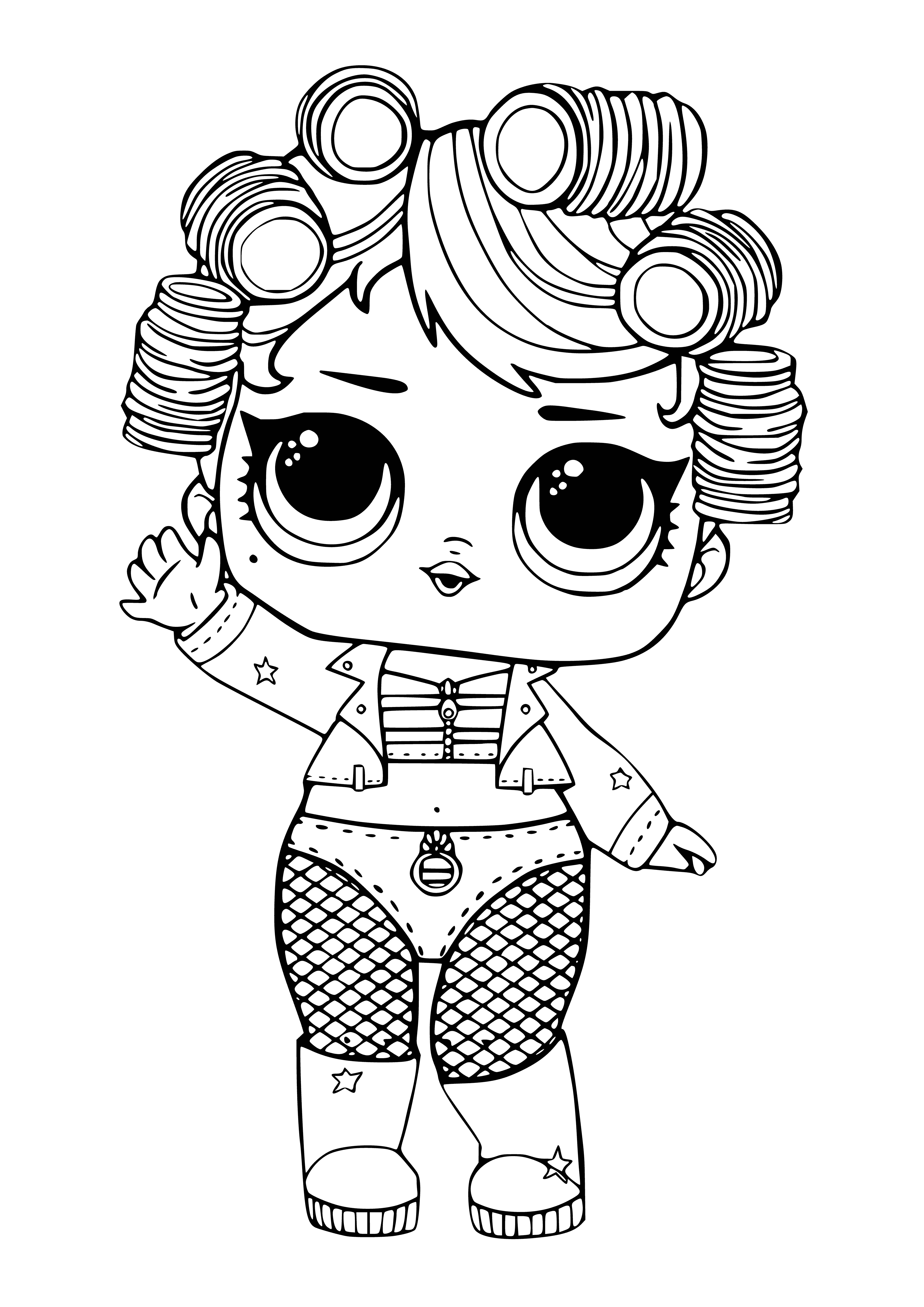 coloring page: Color a toy queen figurine with a confetti skirt and wand, standing on a circular base holding a heart-shaped balloon. #LOLGooGooQueen