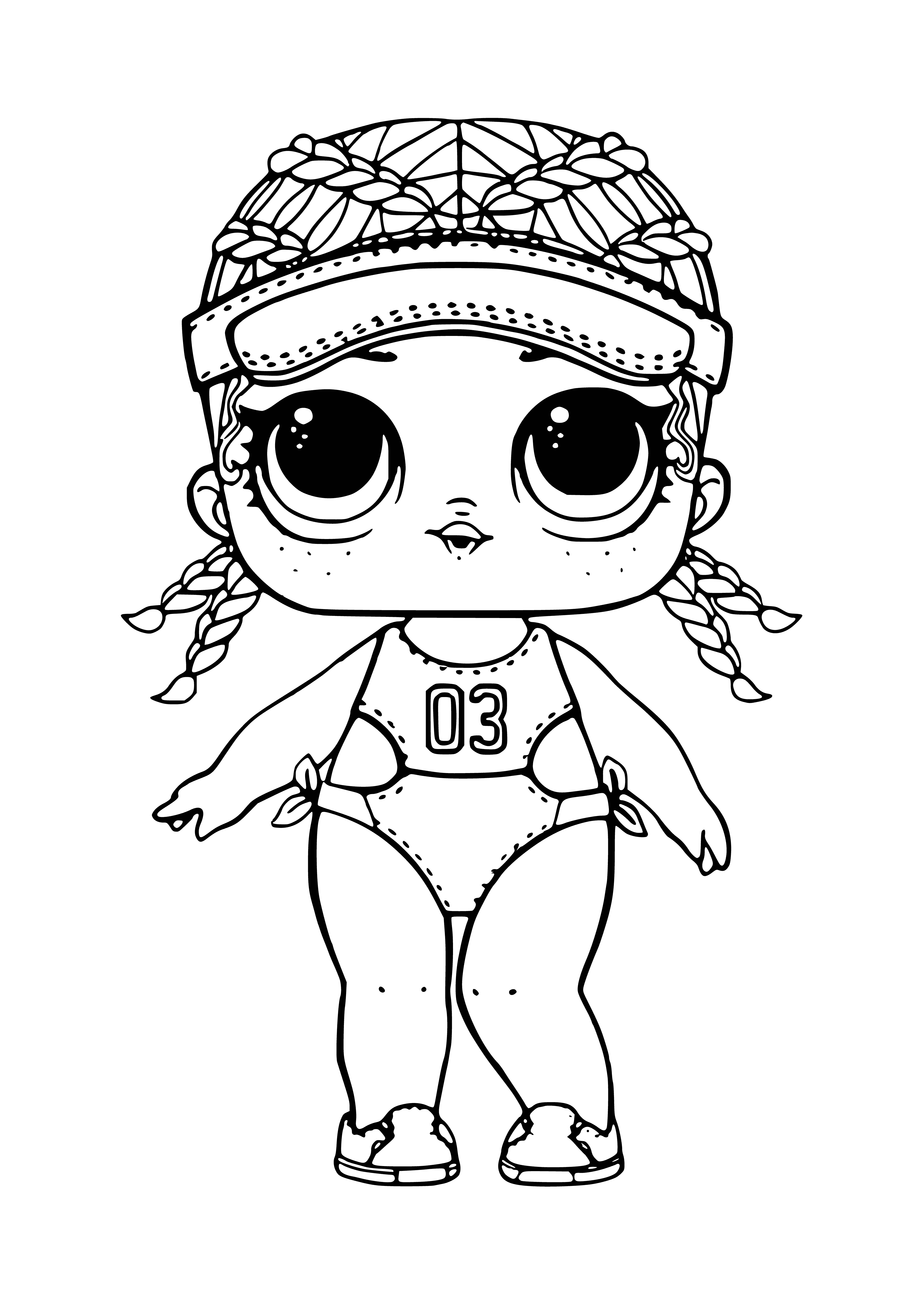 coloring page: Figure of woman running with a confetti popper and L.O.L. logo on her shirt; perfect for kids who love a bit of excitement!