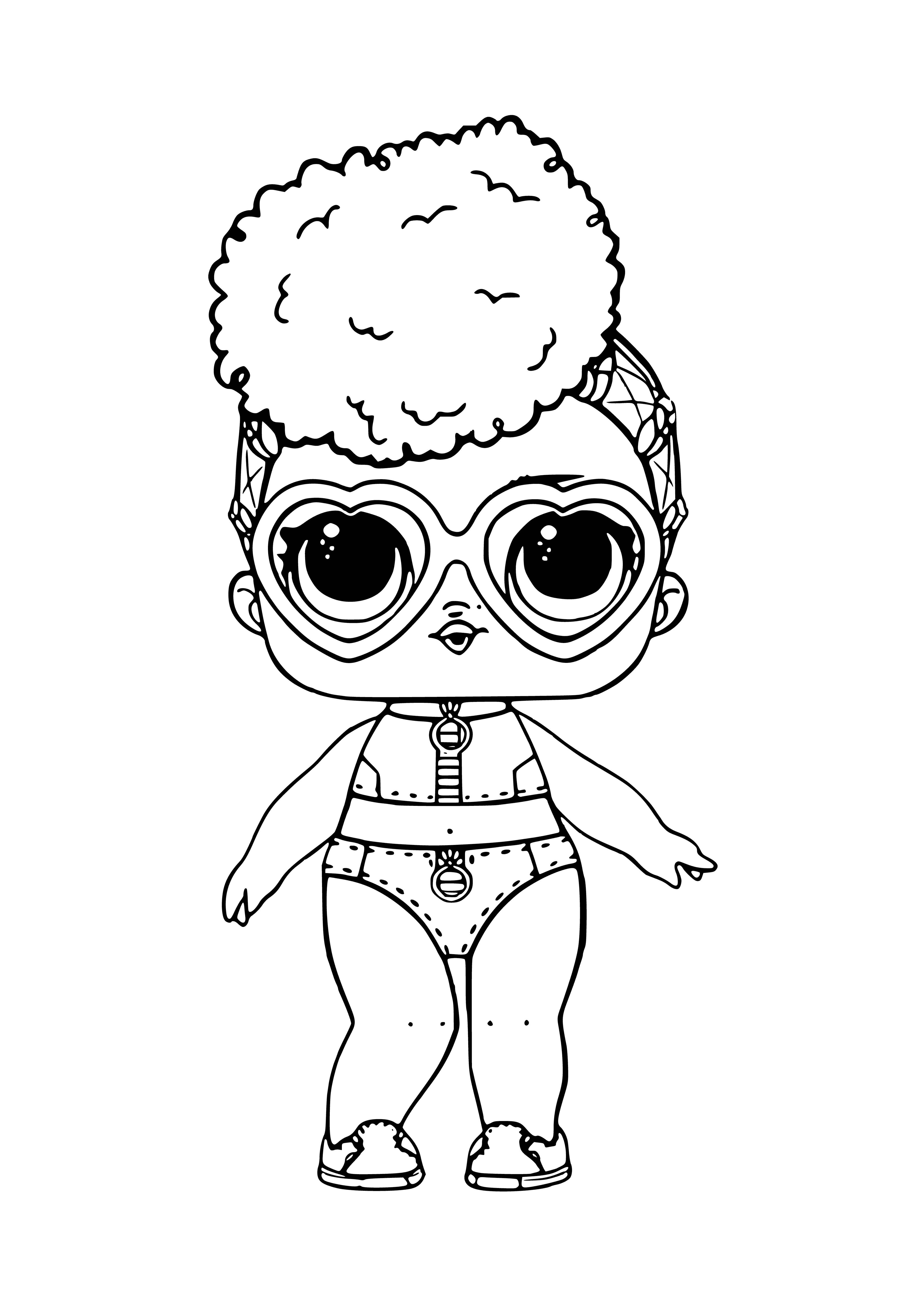 coloring page: Black & white L.O.L doll that makes noise when you press a button. Wearing a black skirt & white top with polka dots, holding a beach ball.