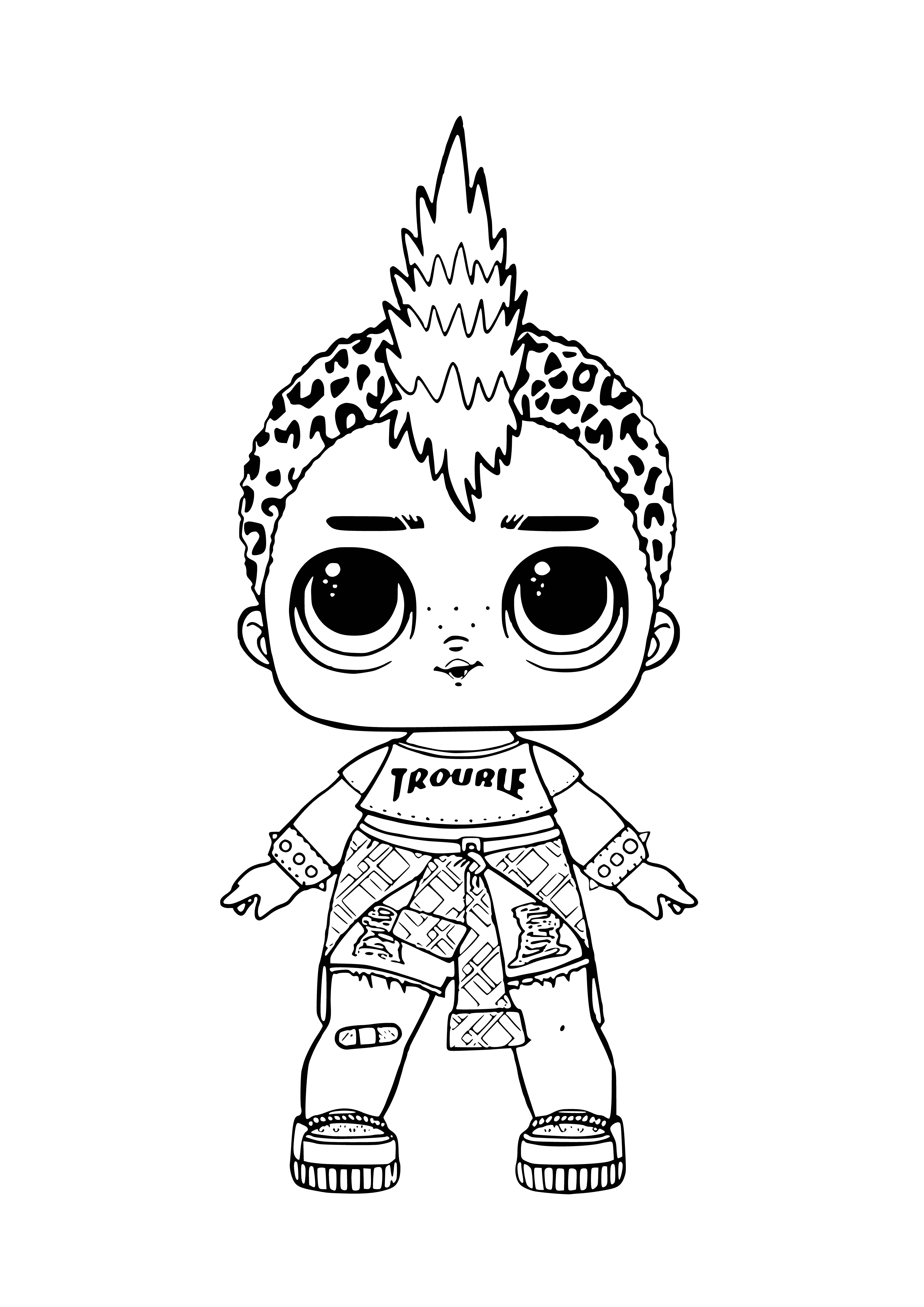 coloring page: Cartoon punk boy makes funny face with "LOL" in speech bubble on blue background for confetti pop.