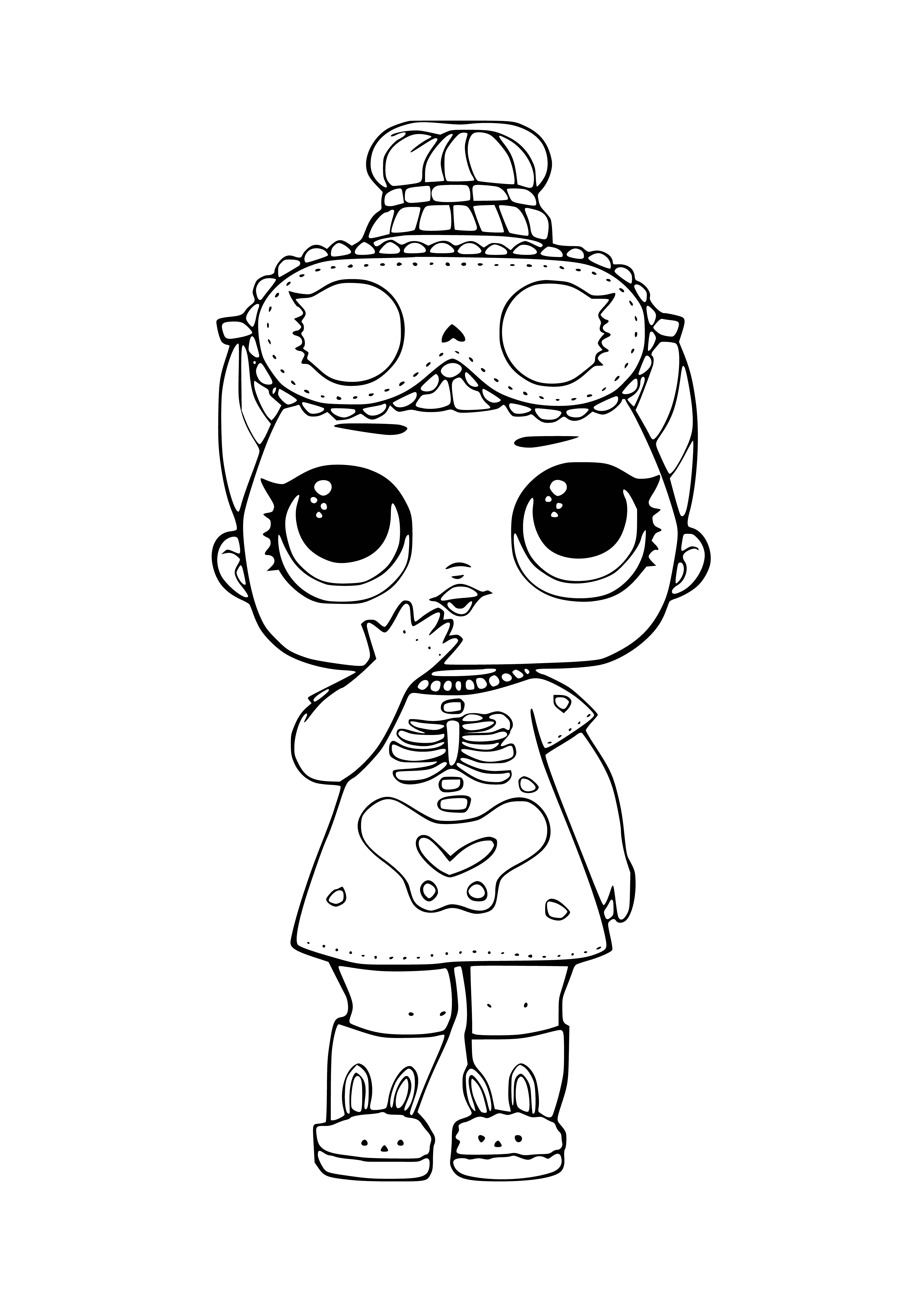 coloring page: Pop with skeleton on front wearing blue shirt and bowtie, yellow body, white arms, legs holding blue confetti pop.