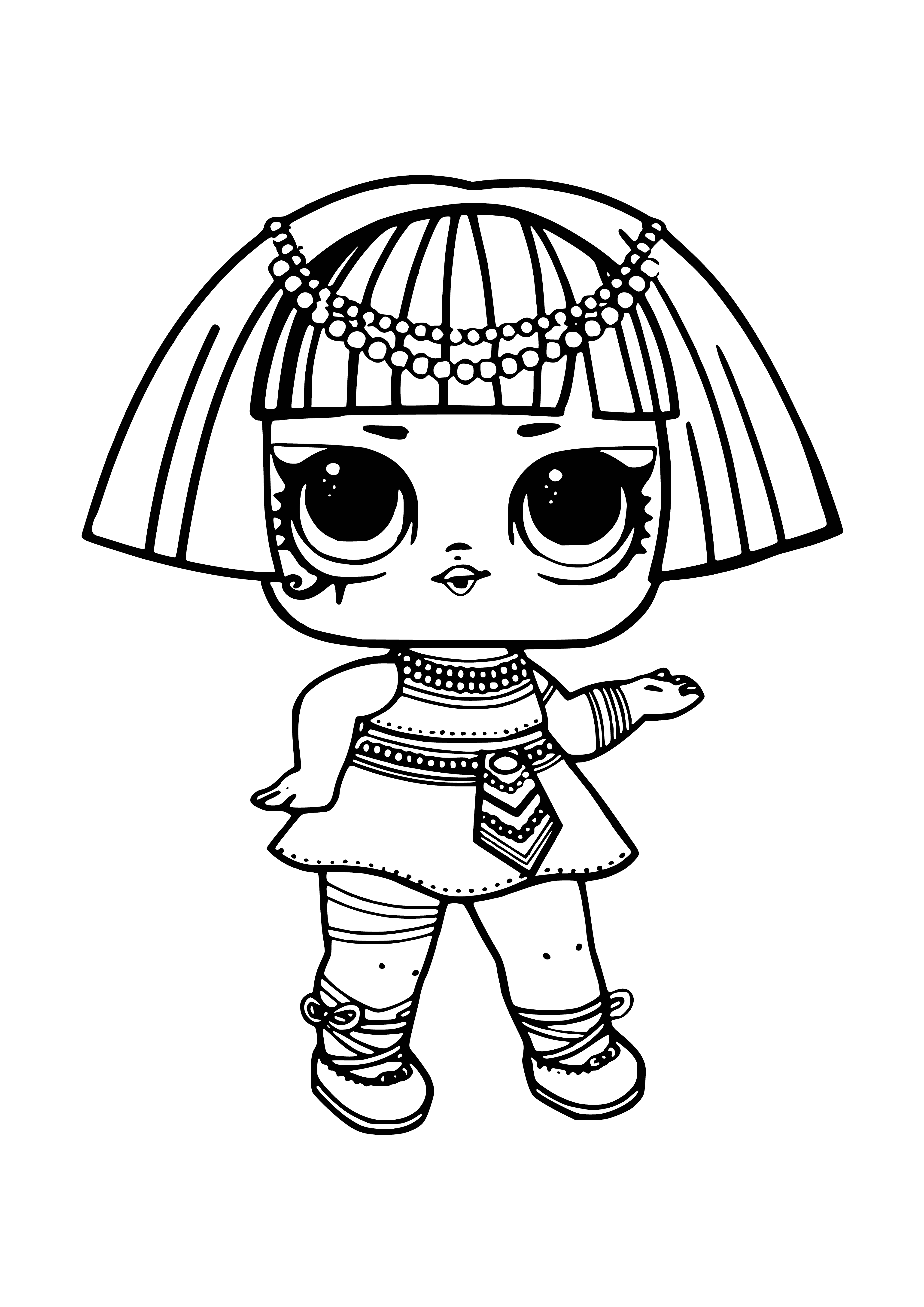 coloring page: A pharaoh babe confetti pop: blue lollipop with a blue-clad pharaoh babe with blue eyes & lips, plus blue streaks in the lollipop.