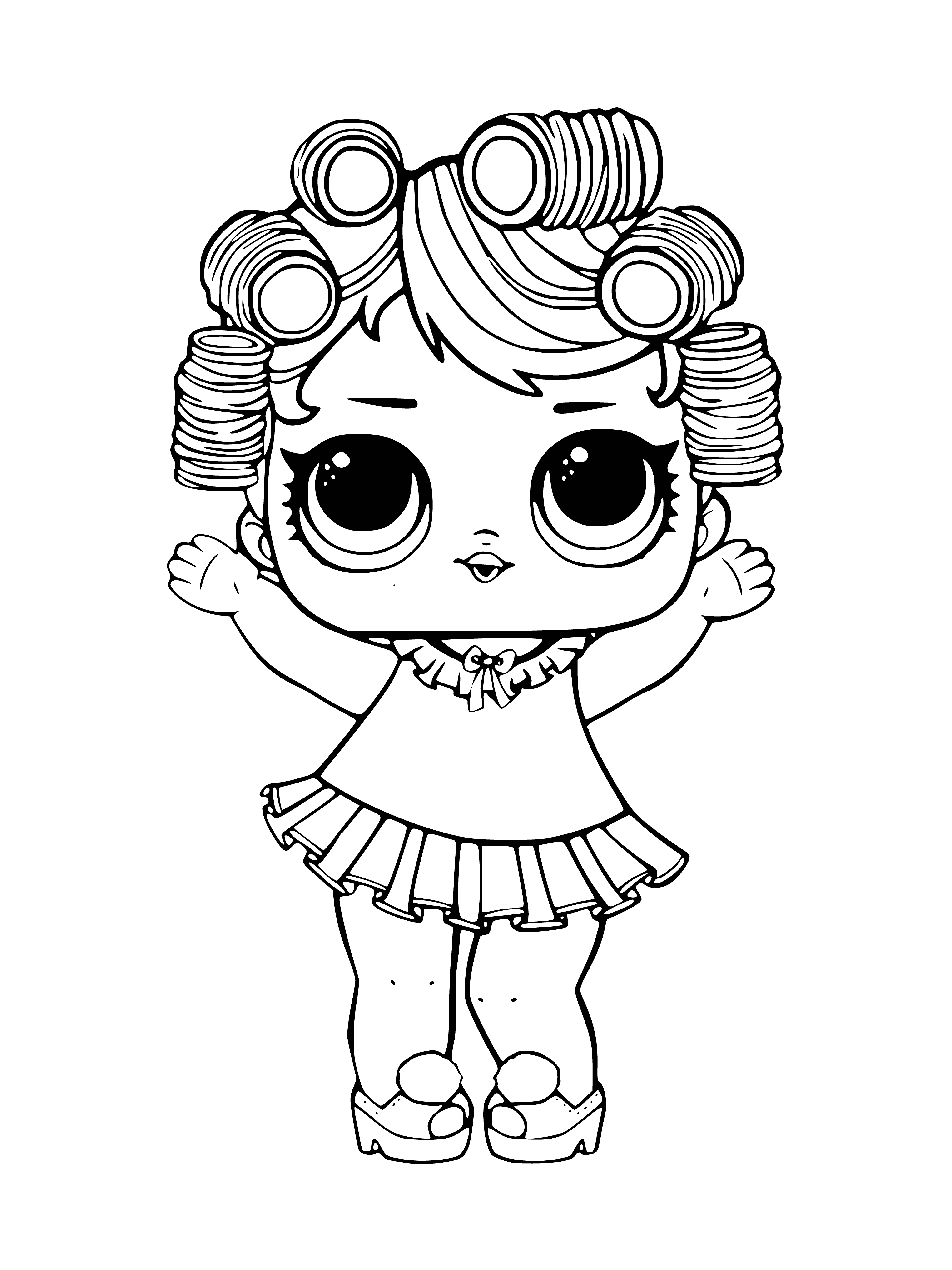 coloring page: A toy baby doll with blond hair, blue eyes and a white dress with blue collar and a purple bow is surrounded by pink, blue and purple confetti. #coloring #toybabydoll