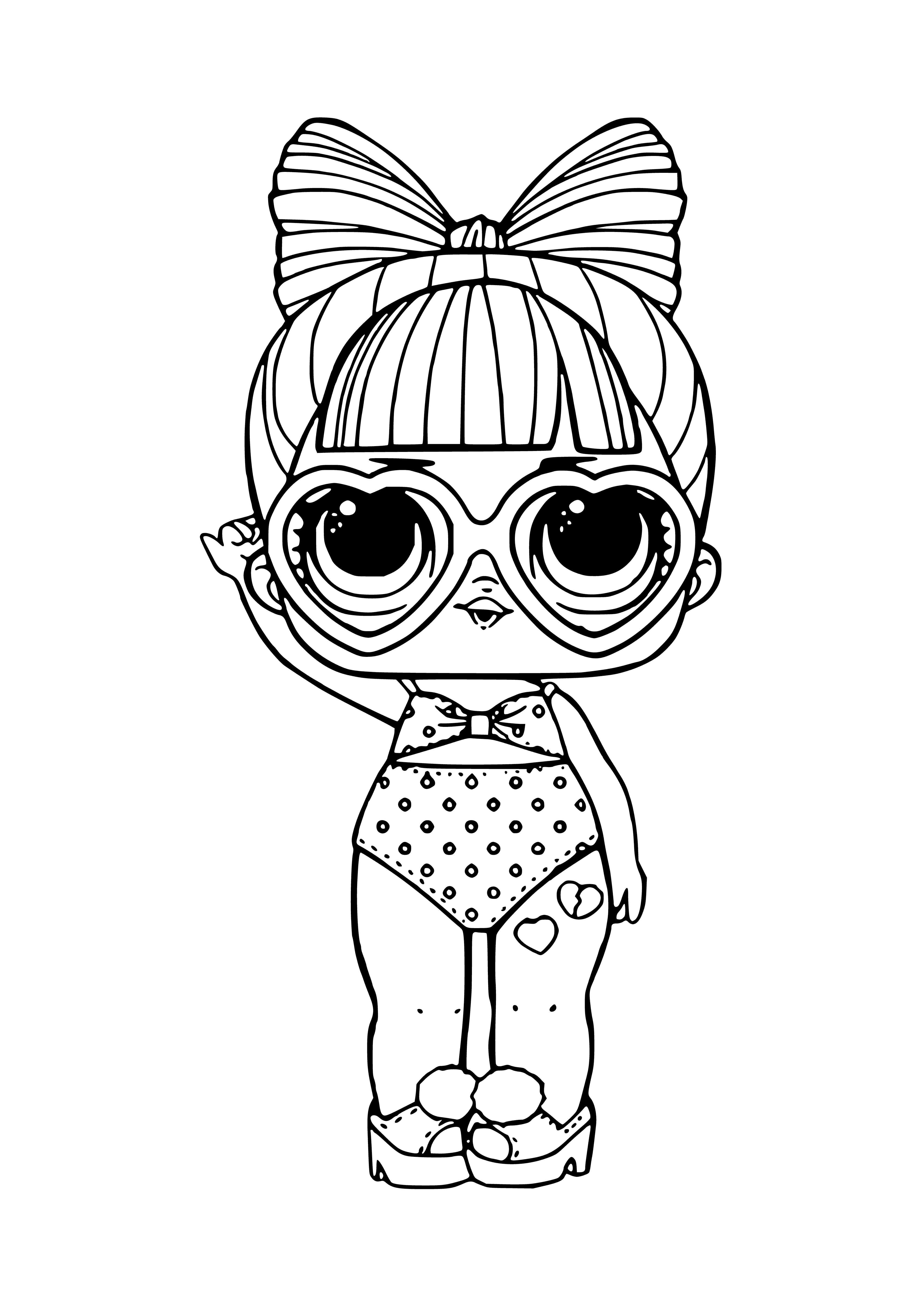 coloring page: Toy from L.O.L line filled with pink, purple and blue confetti. Label says "Insert tube and place, push down to release confetti".