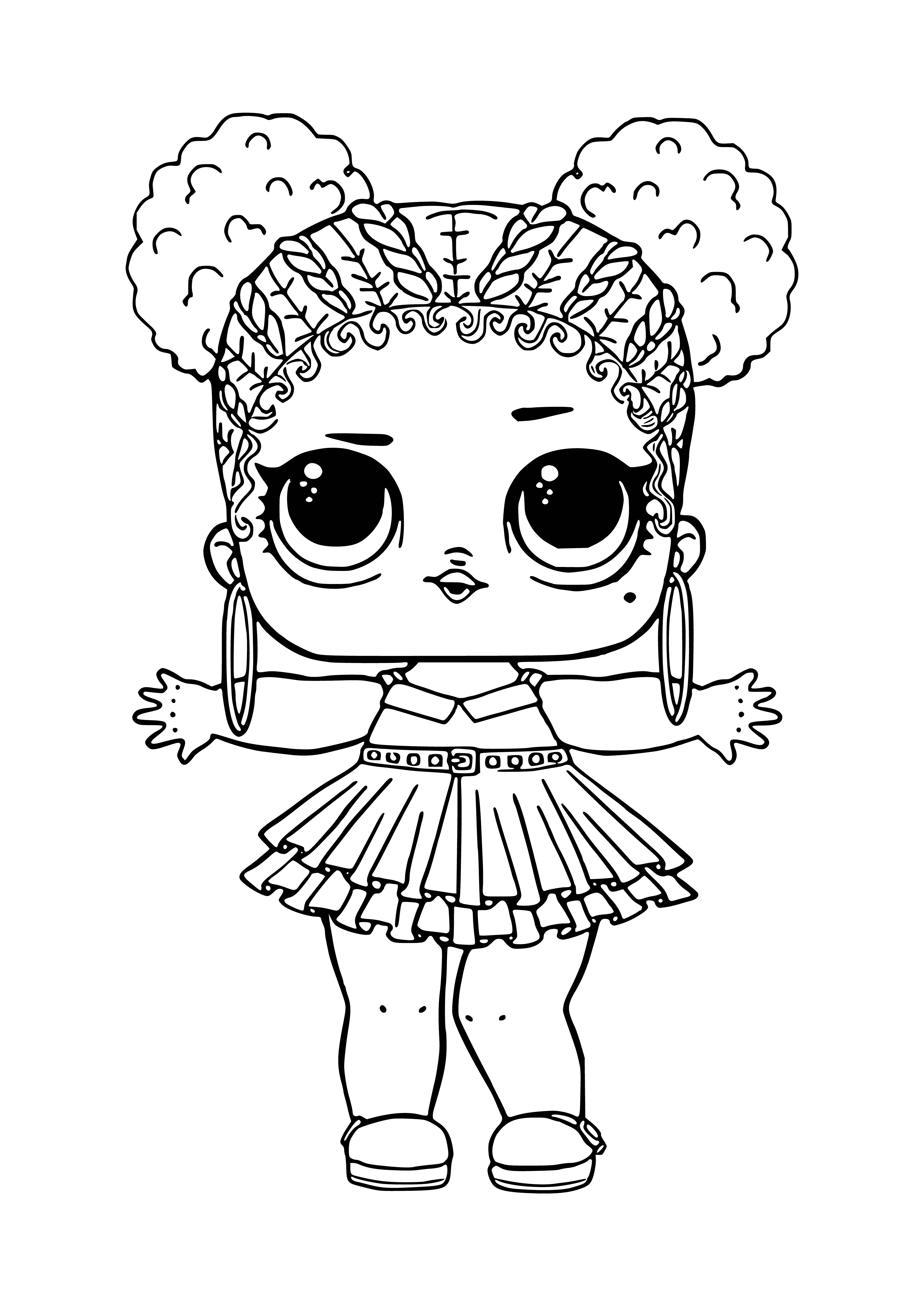 coloring page: Girl with long purple hair in princess attire holds a sceptre & orb while wearing crown & purple dress w/cape.