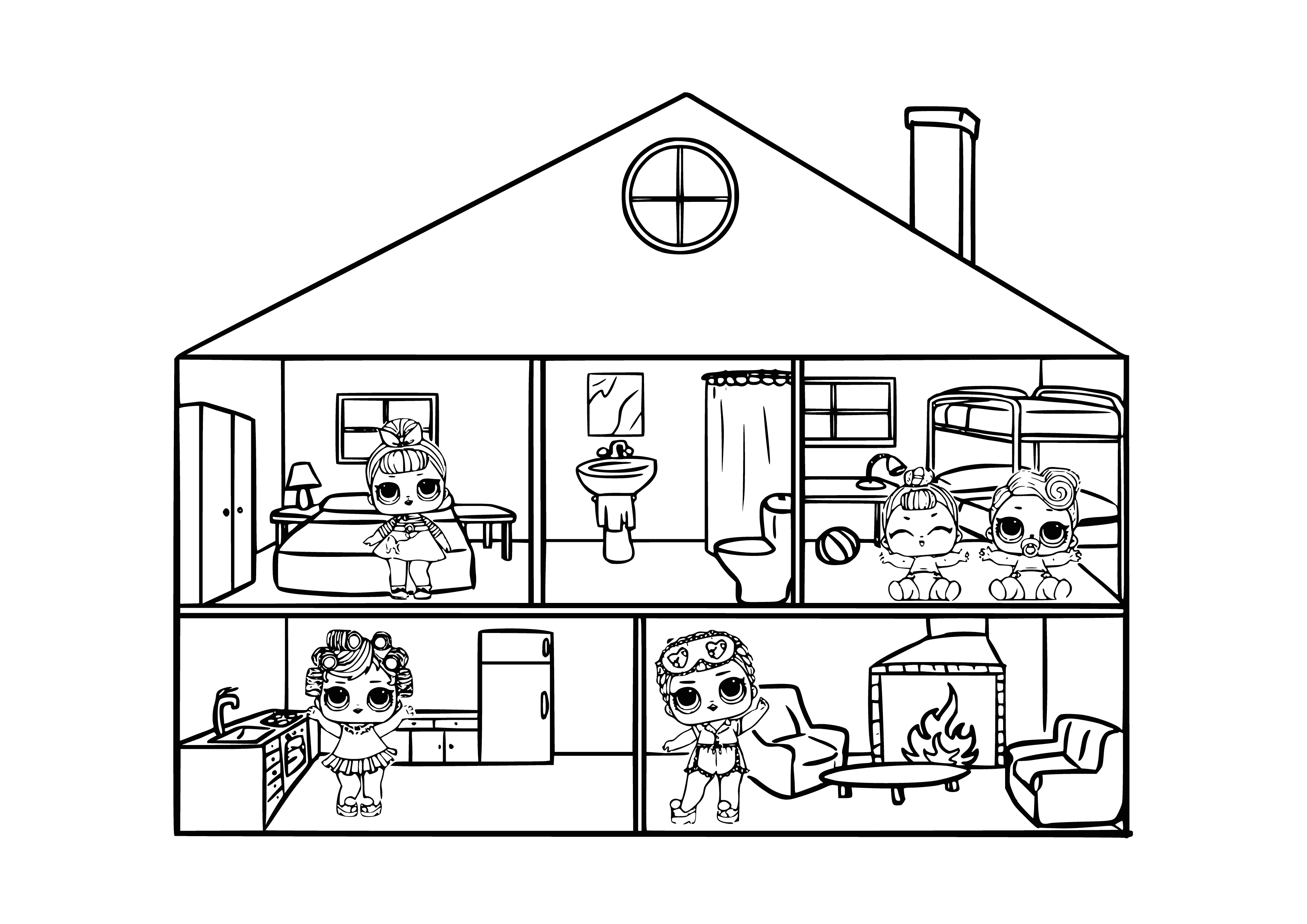 coloring page: A pink toy house has a living room, kitchen, two bedrooms, & balcony for dolls to explore.