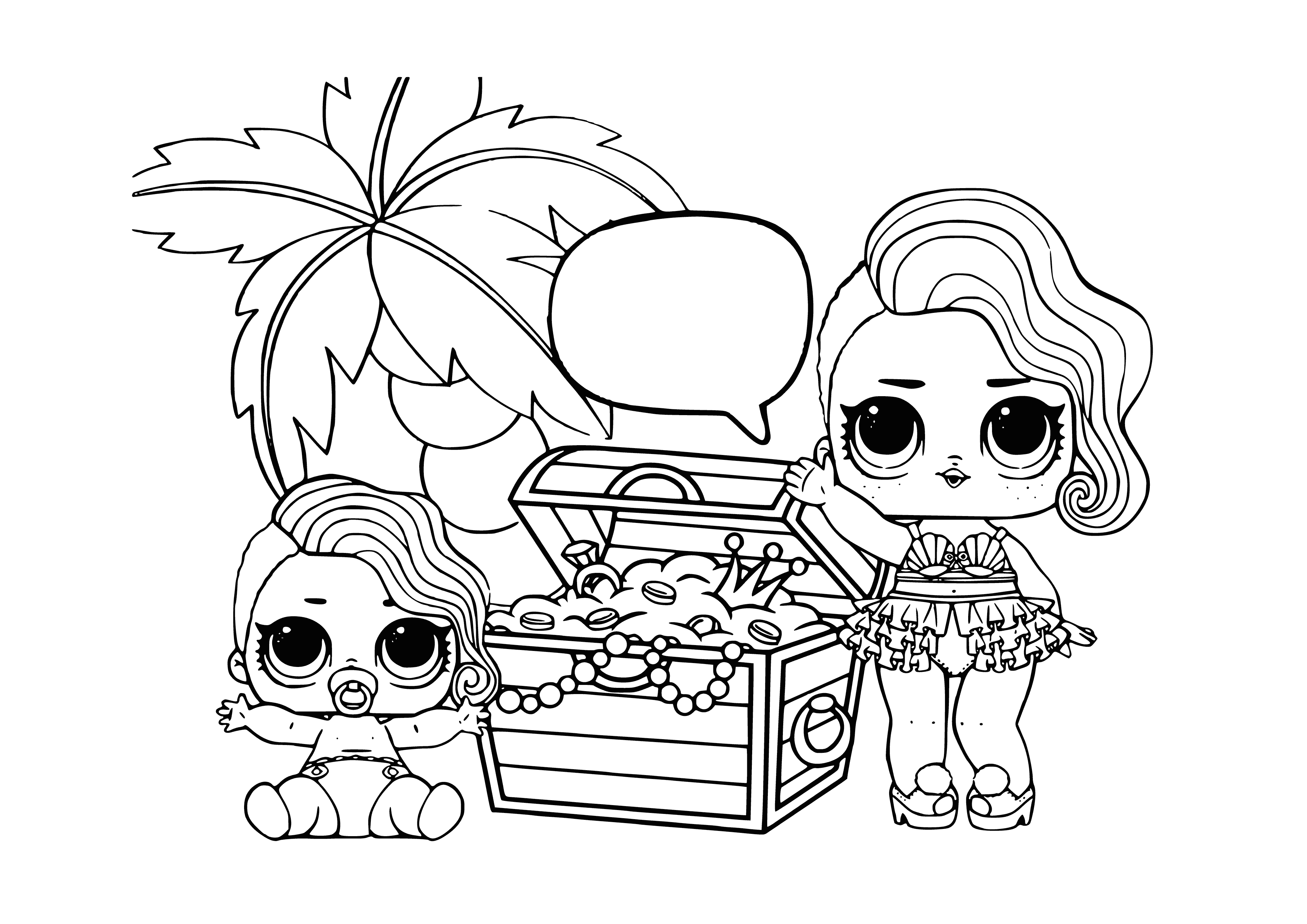 coloring page: Mermaids & octopus surround a treasure trove in the center of the page - gold coins, jeweled necklace, pearl, seashell & starfish!