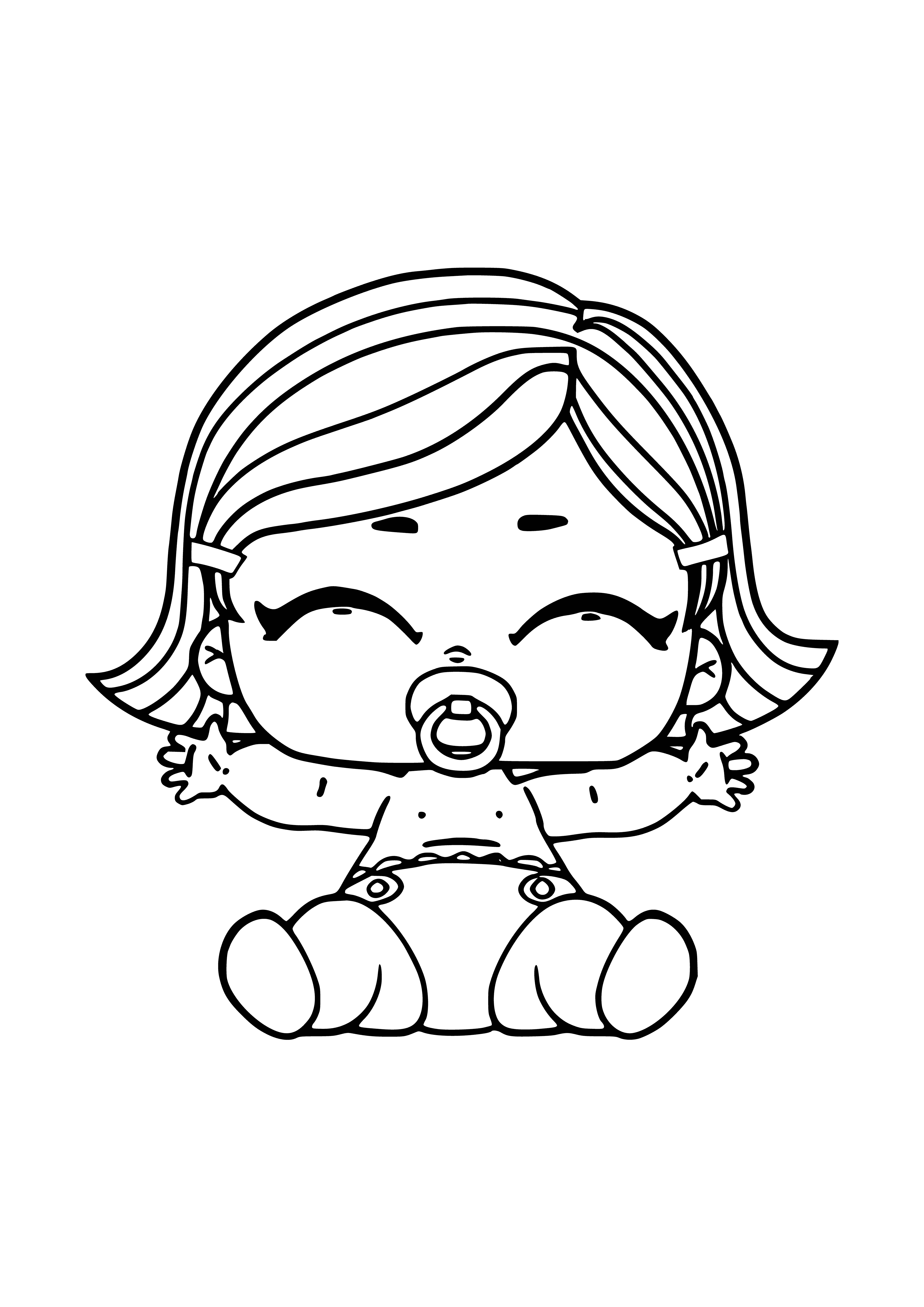 coloring page: Charming LOL lil dreamy doll has blue eyes, long curly hair, and a white dress with blue sash. #LolDreamyDoll