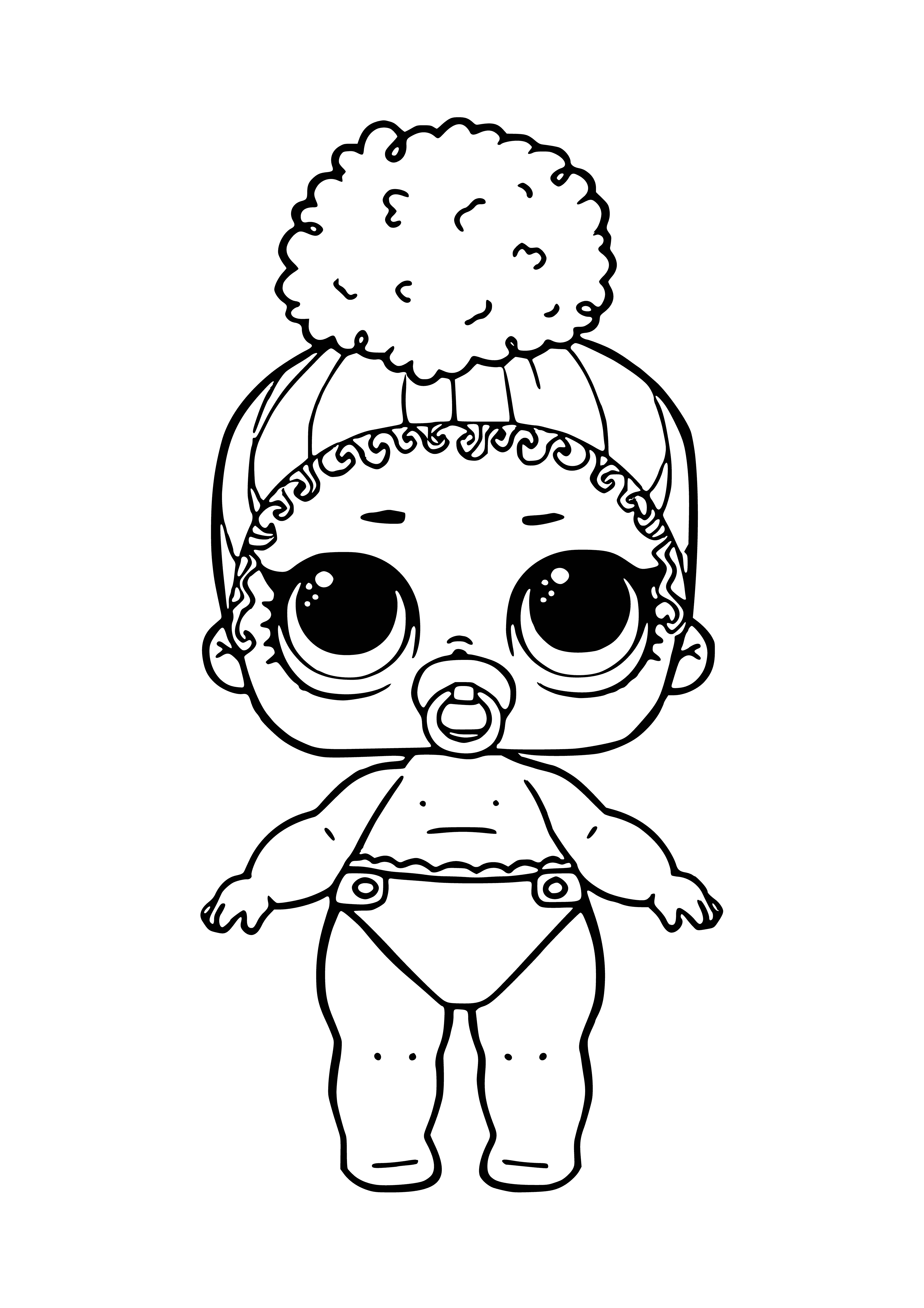 coloring page: Baby in blue "L.O.L" shirt sitting in chair, holding bottle & pacifier, looking at laptop.