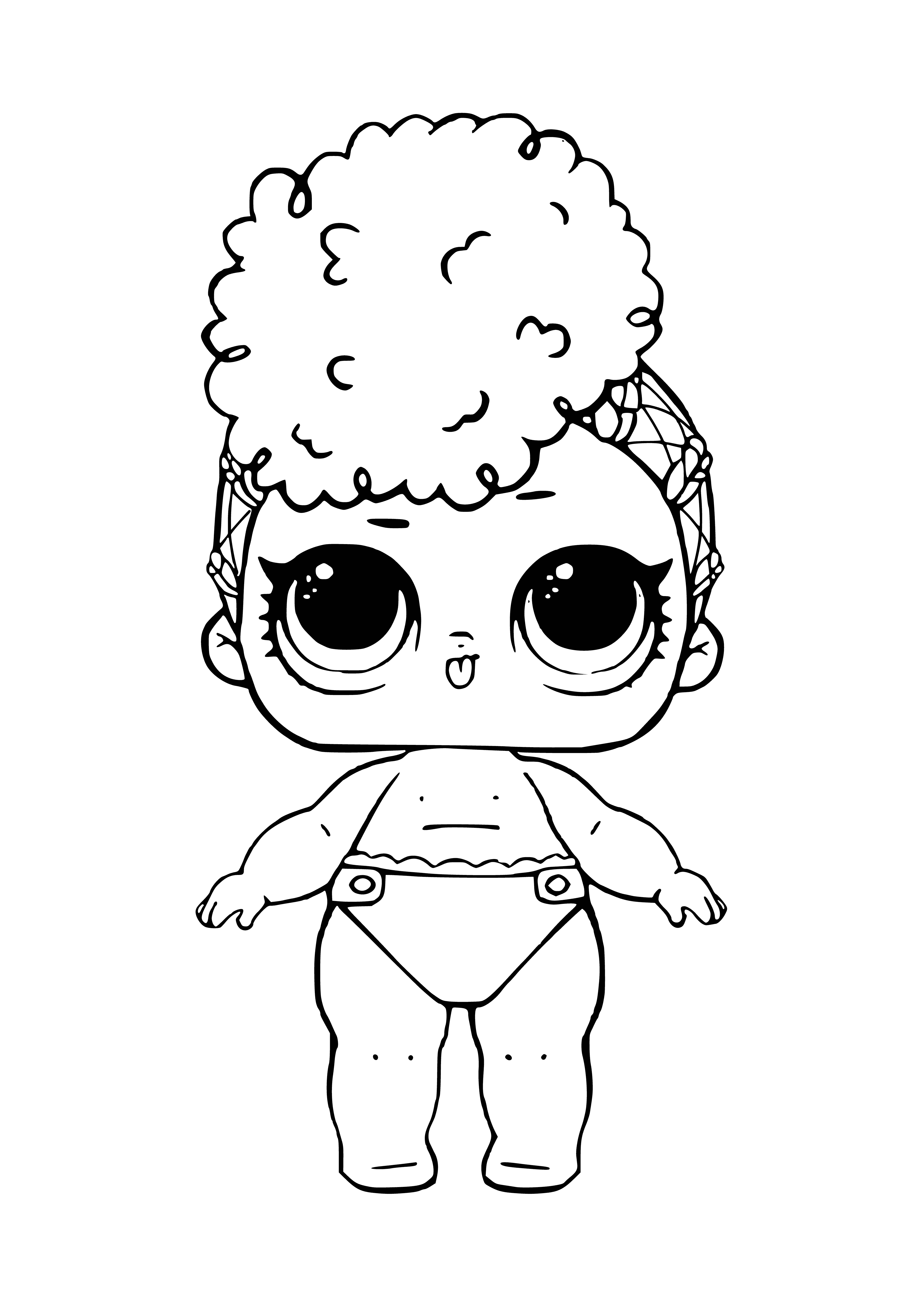 coloring page: Baby in middle of coloring page w/ blue shirt & pants, white/blue hat. Holding balloons & confetti. Says "LOL baby Independence" at bottom.