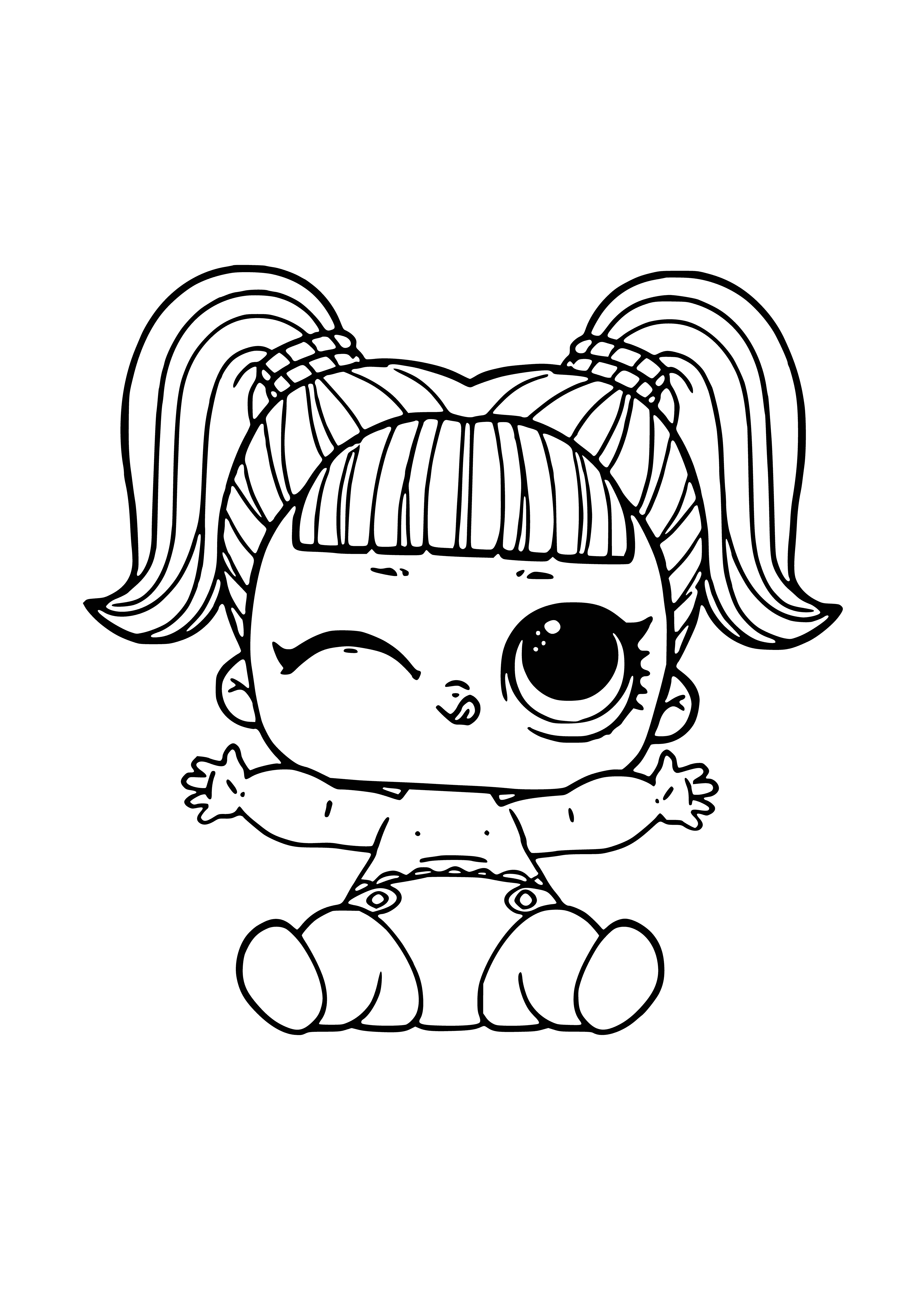 coloring page: Baby unicorn stares with sparkly blue eye, long horn, soft fur, tufted tail & hooves. Seems friendly and playful.