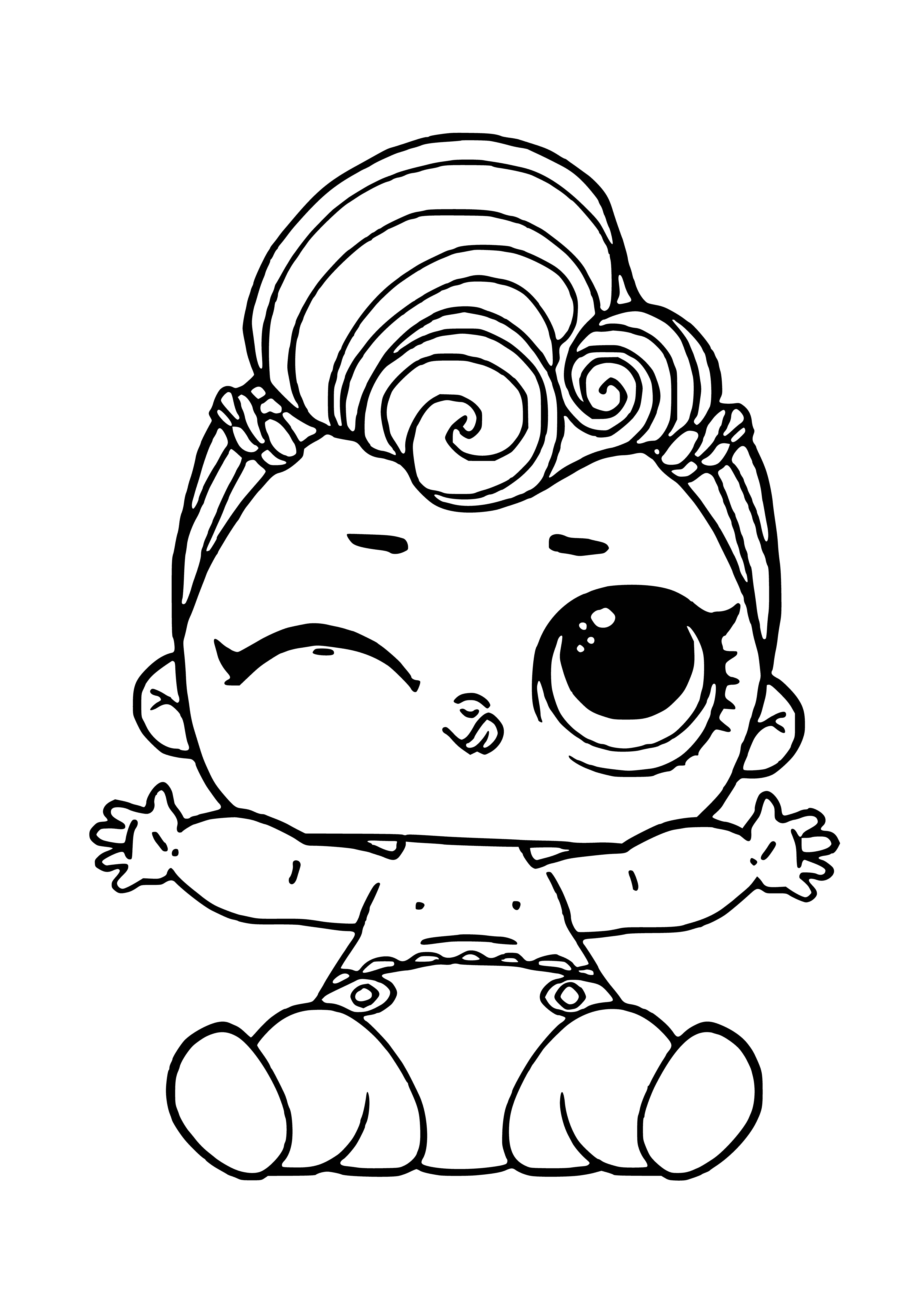 coloring page: A baby in a gray onesie with a pacifier looks around in confusion while sitting on the floor.