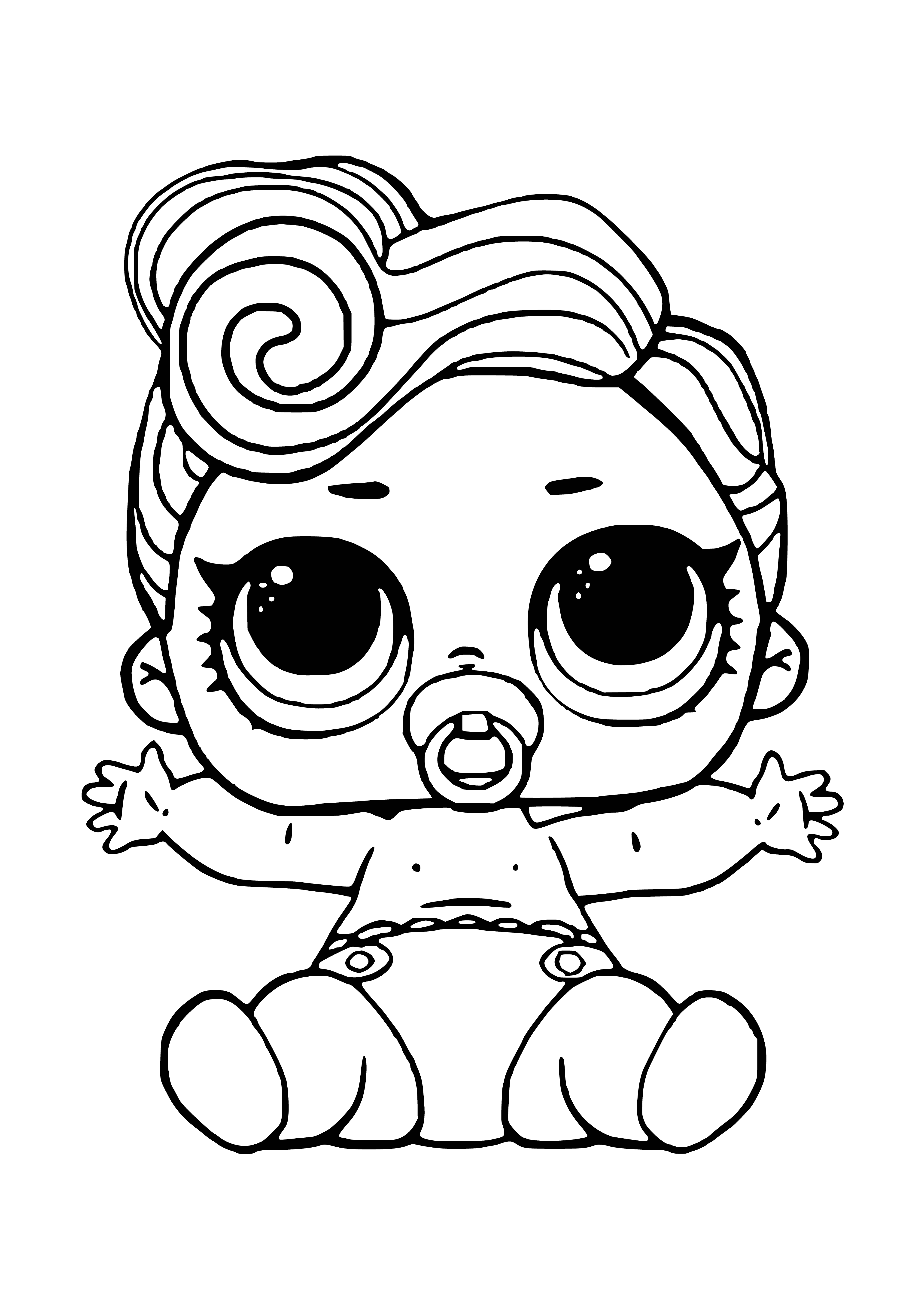 coloring page: A small baby girl in a white onesie sits with a plush toy in her lap. She has soft blond hair, big blue eyes and is snuggled up with a pillow.