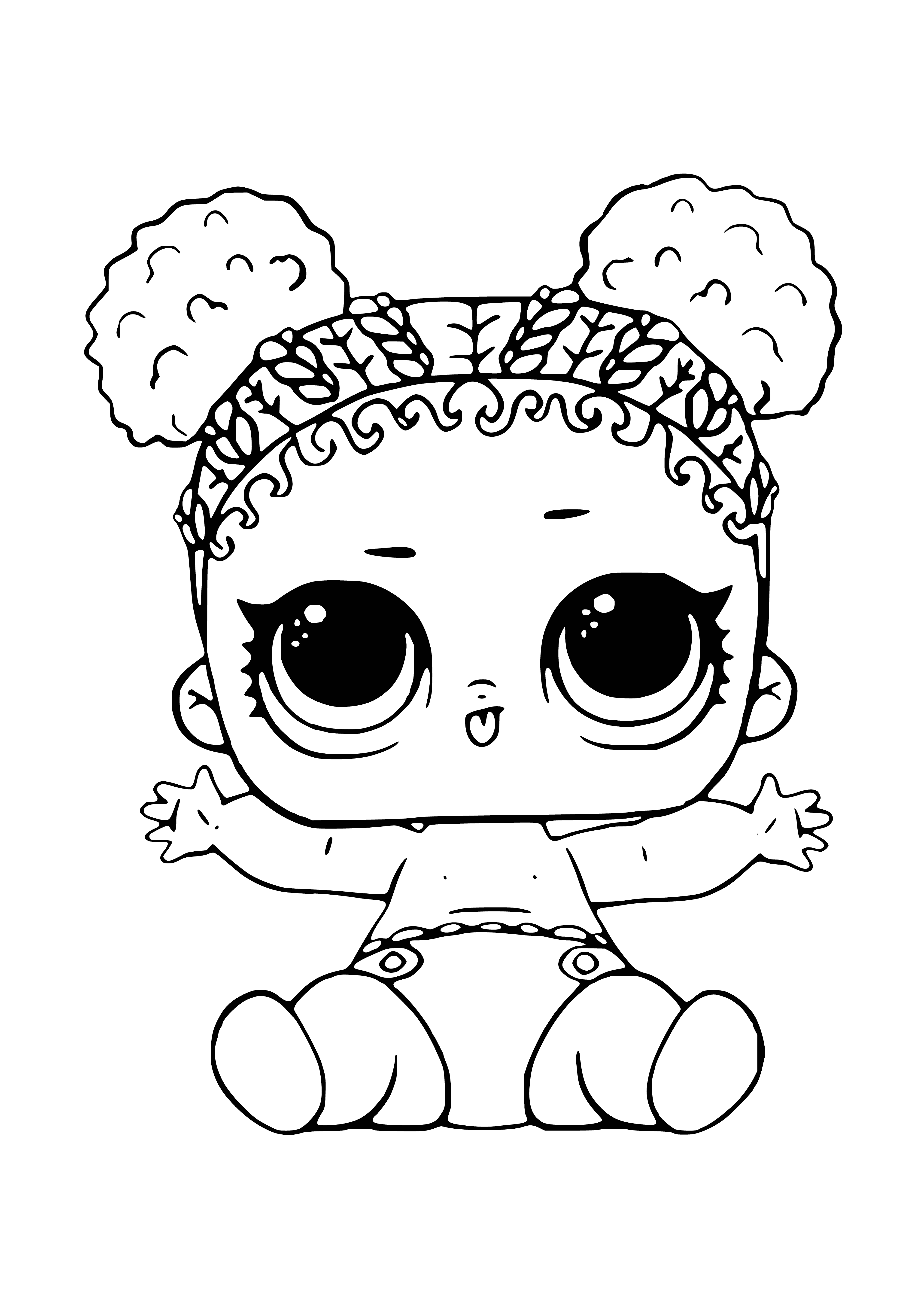coloring page: Tongue-sticking LOL baby Accuser wears blue & white shirt; has blue eyes.