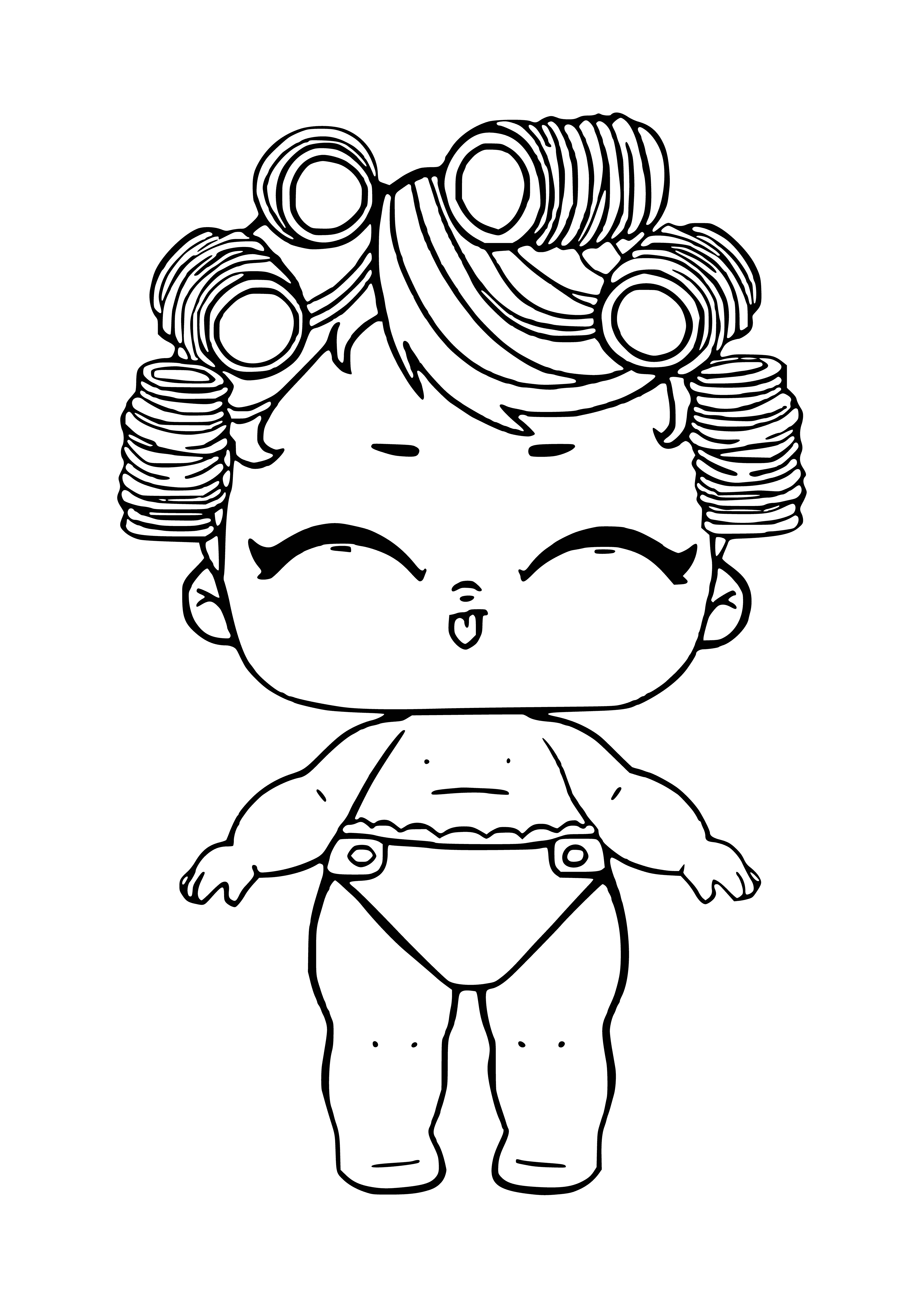 coloring page: Robot baby toy w/ white plastic body, blue arms and pink head. Press tummy to make baby noises. Blue and pink accents.