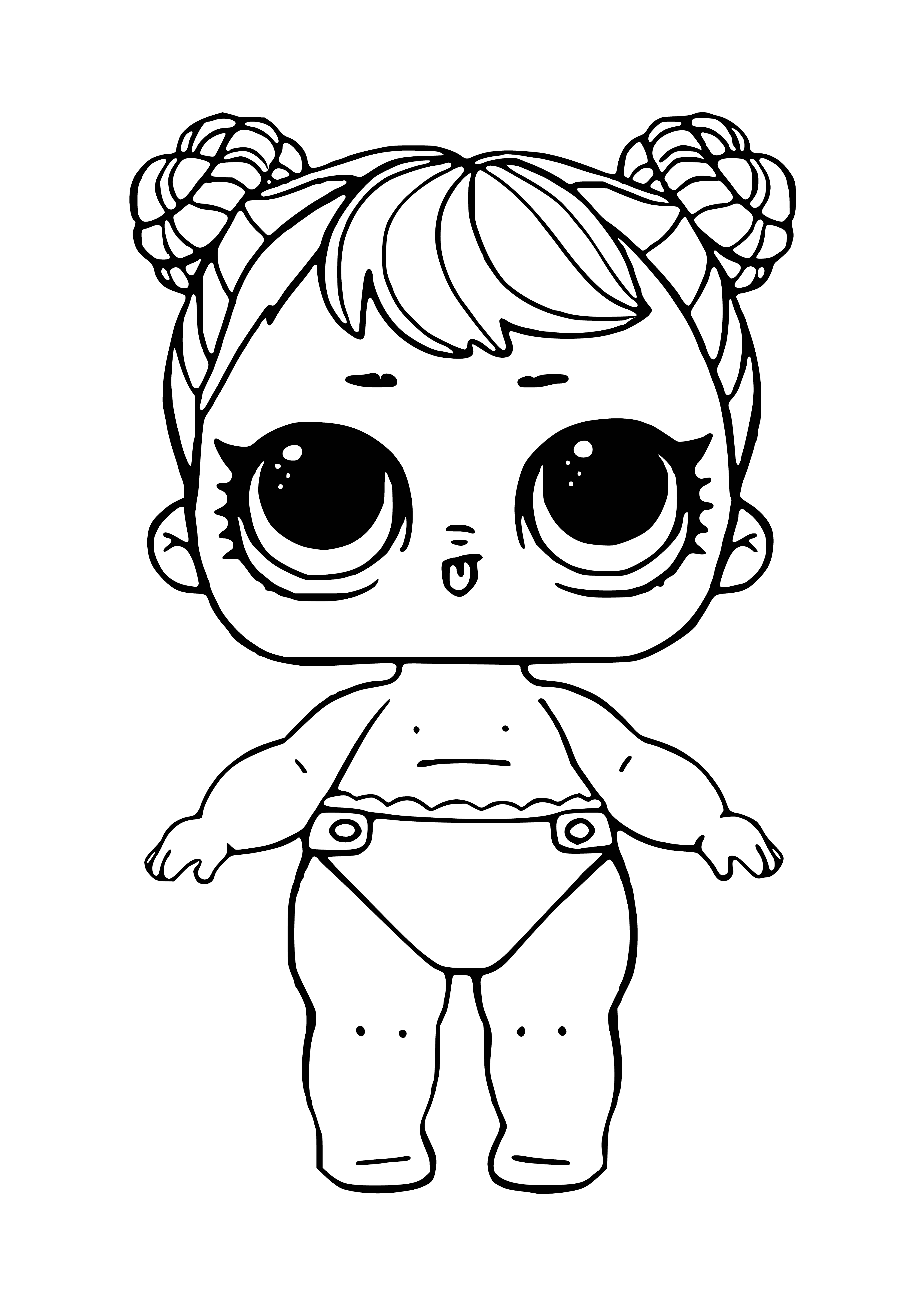coloring page: A black baby girl laughing, wearing a pink headband with bow & earrings, a white onesie with "LOL" in cursive, hands up & legs crossed.