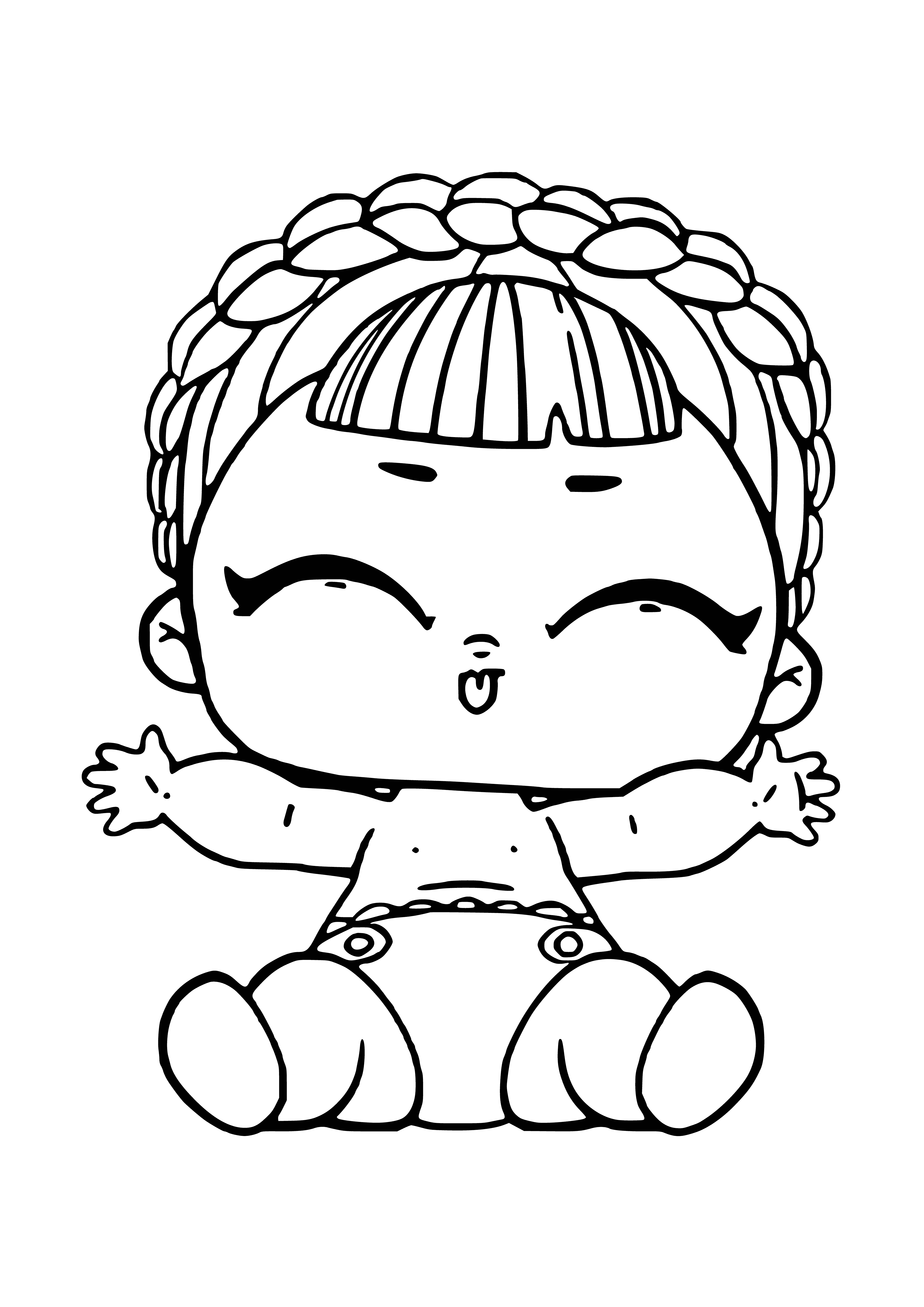 coloring page: Toy baby in pink highchair wearing onesie with "LOL" on it. Plate in front reads "LOL baby" in black letters.