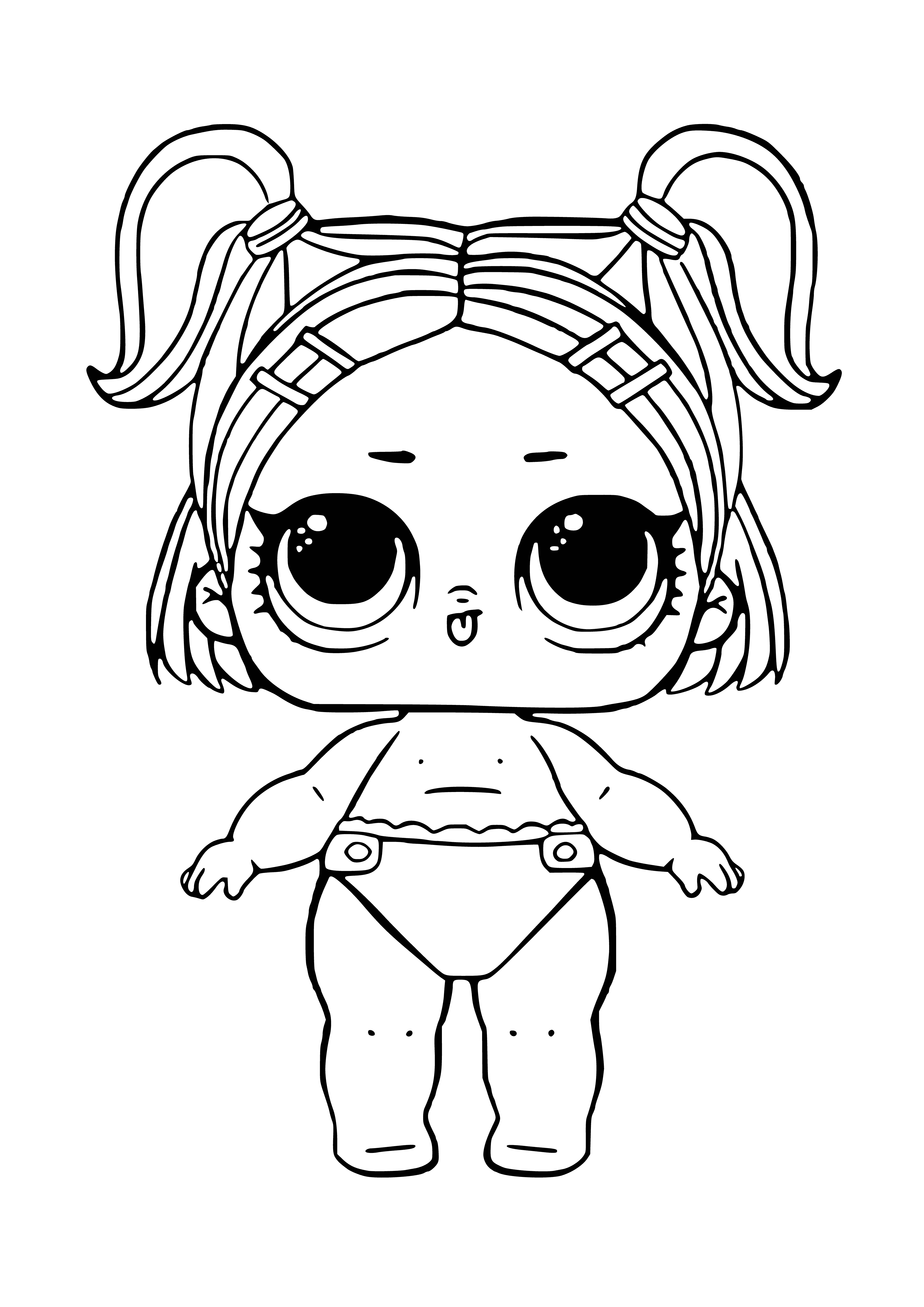 coloring page: Baby sits in middle of LOL Surprise packaging, surrounded by ball, brush & bottle with hands on cheeks & big smile.