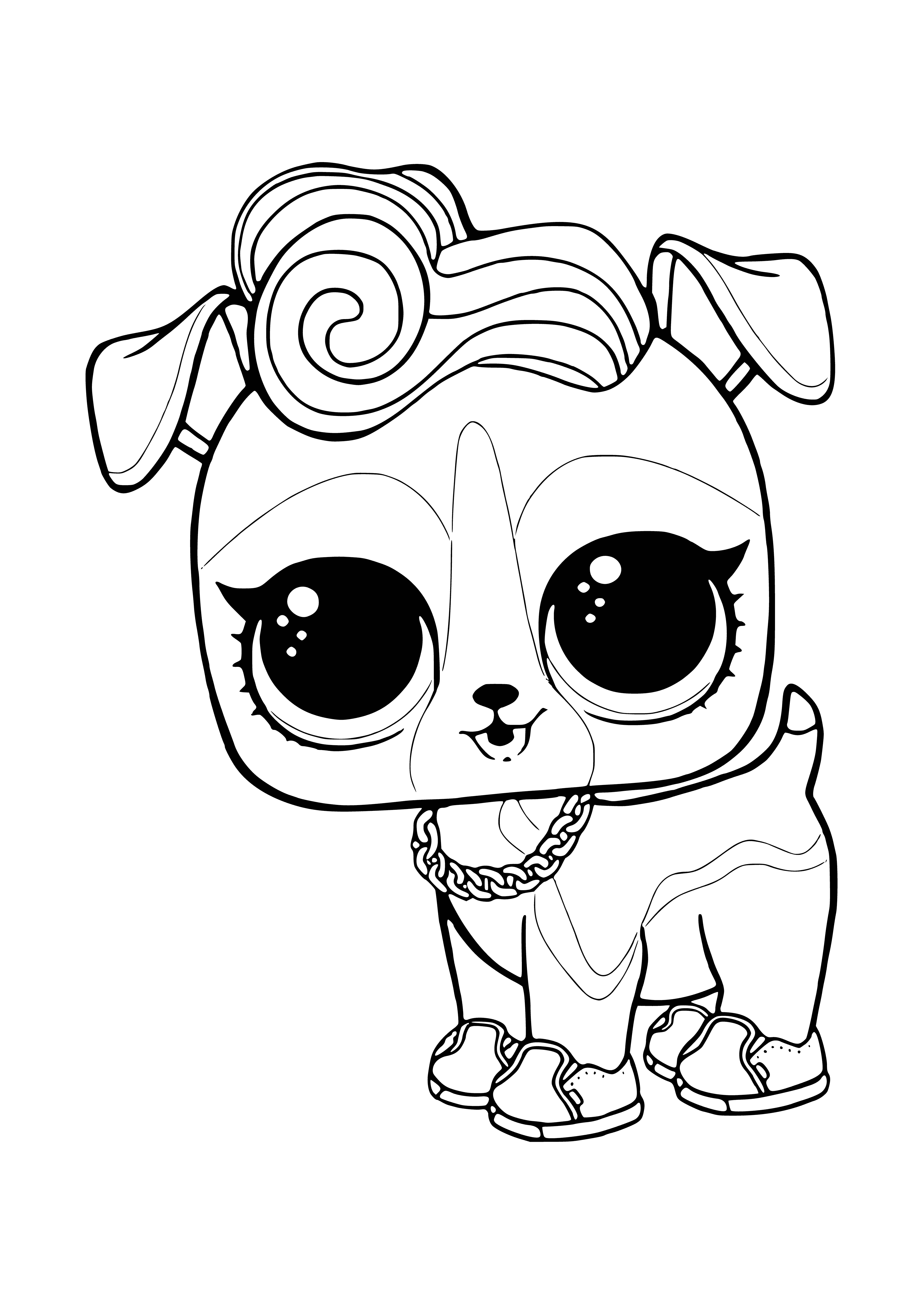 coloring page: Adorable electronic puppy with black and white coat and big blue eyes wearing headphones and with speaker in its mouth.
